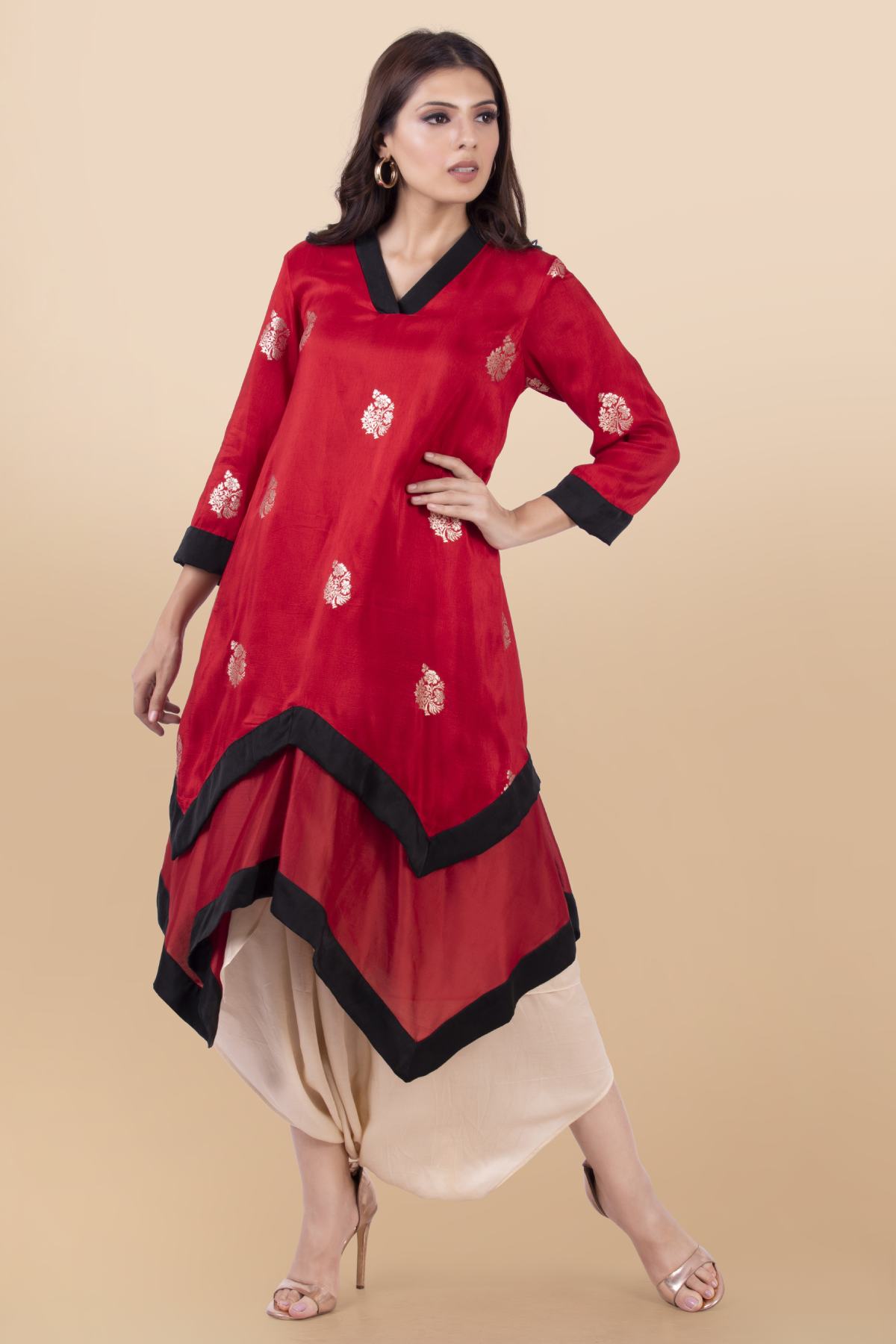 Red Layered Draped Dhoti Set