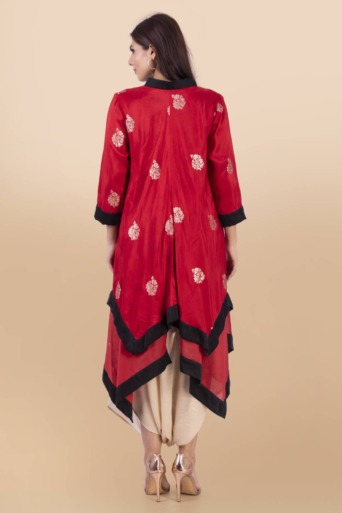 Red Layered Draped Dhoti Set