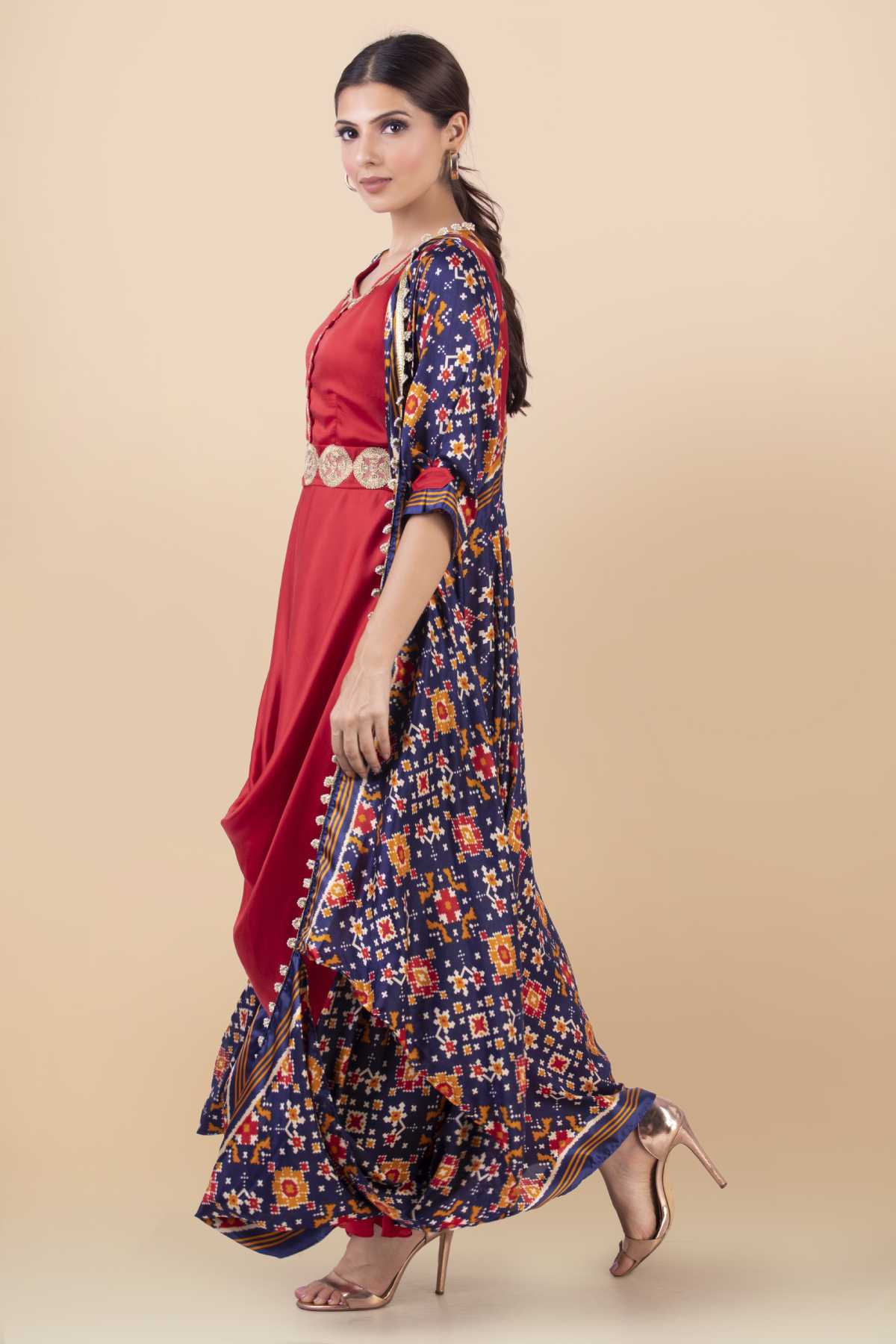 Red Draped Dress & Long Jacket