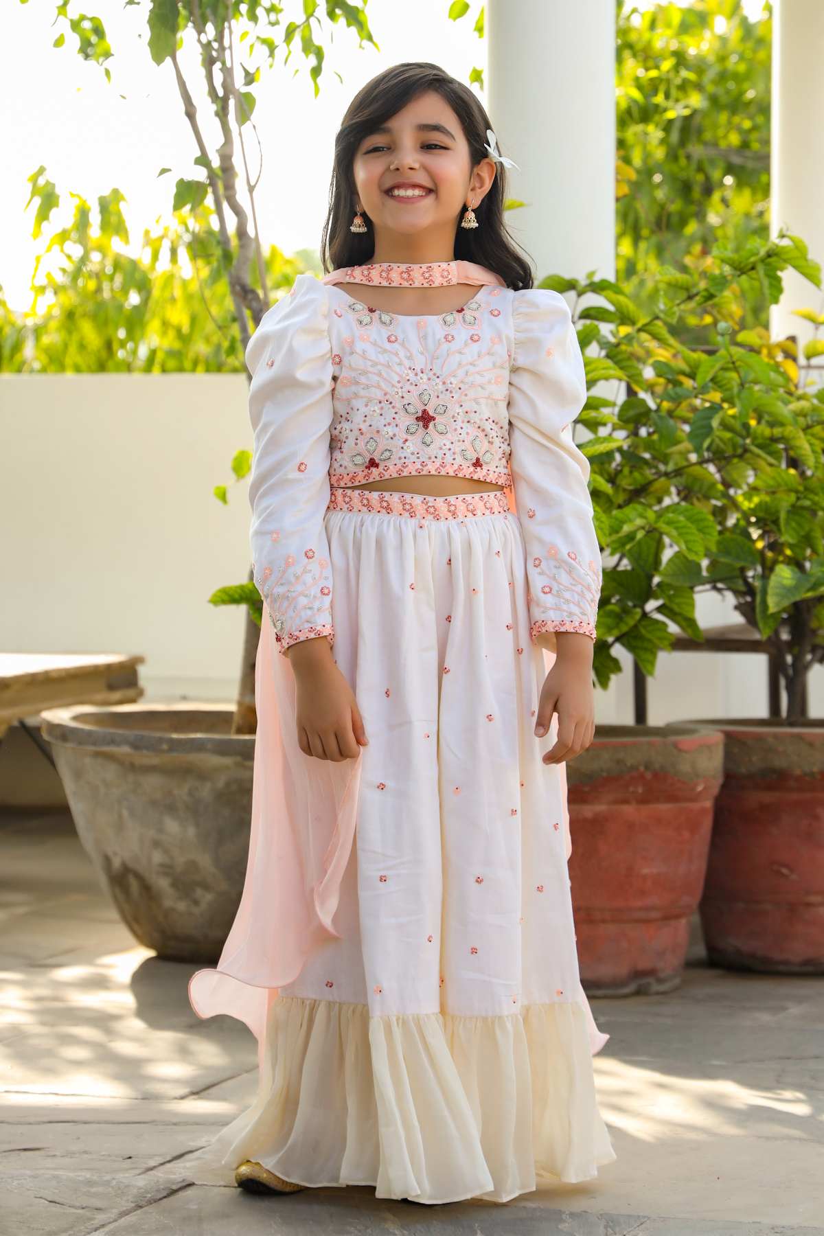 Buy Kids Designer Littleens Full sleeved top with floral embroidery paired with sharara and contrast embroidered choker chinon dupatta Online at ScrollnShops