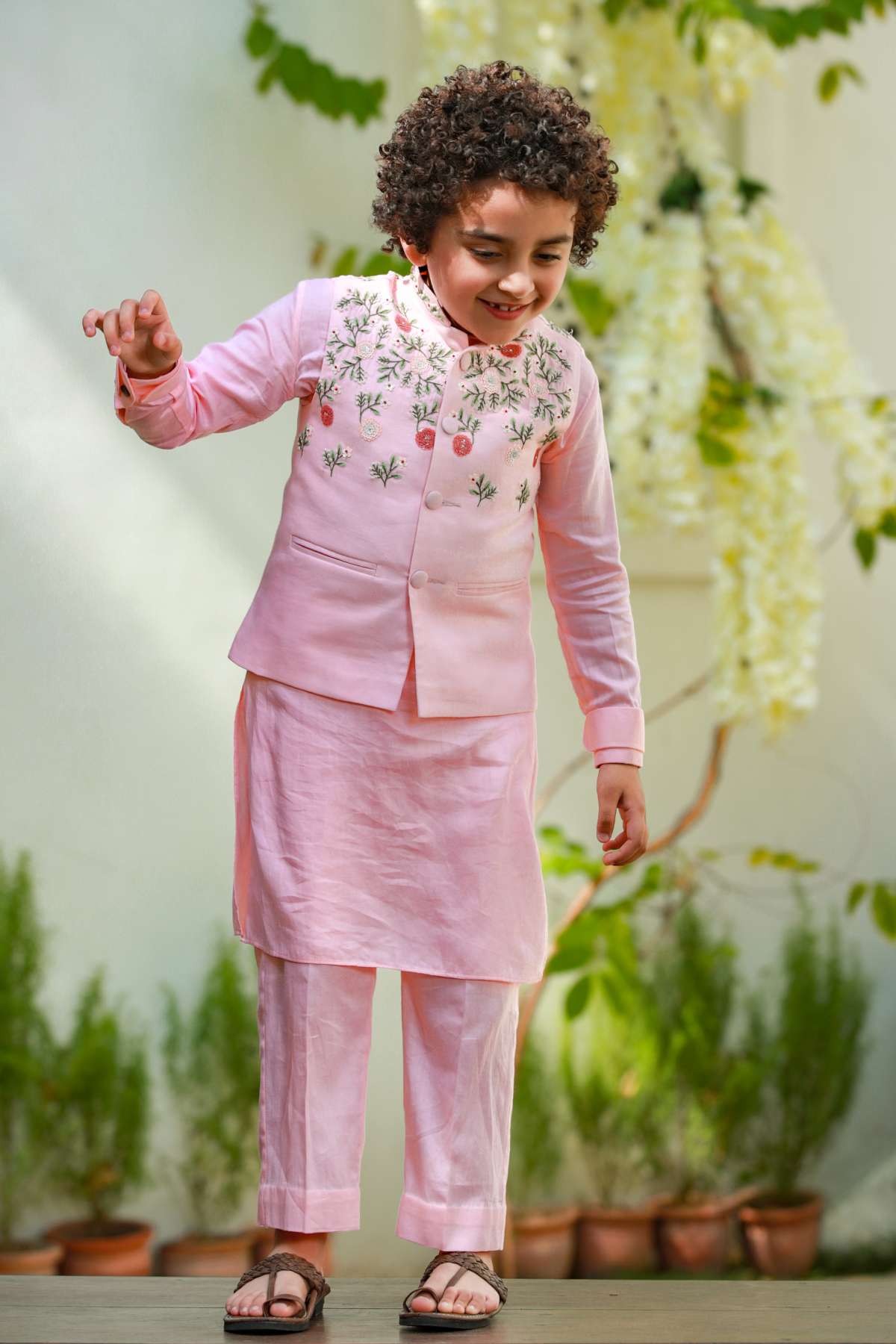 Buy Kids Designer Littleens Embroidered jacket with kurta and trousers Online at ScrollnShops