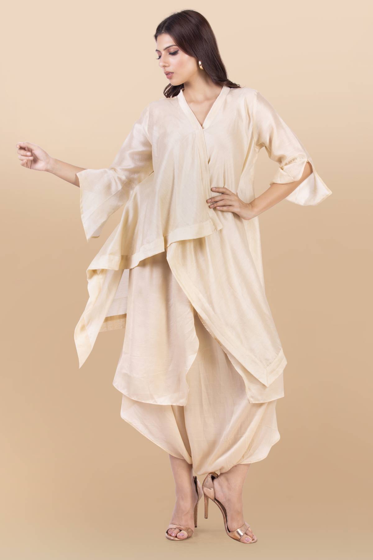 Asymmetrical Cream Dhoti Set