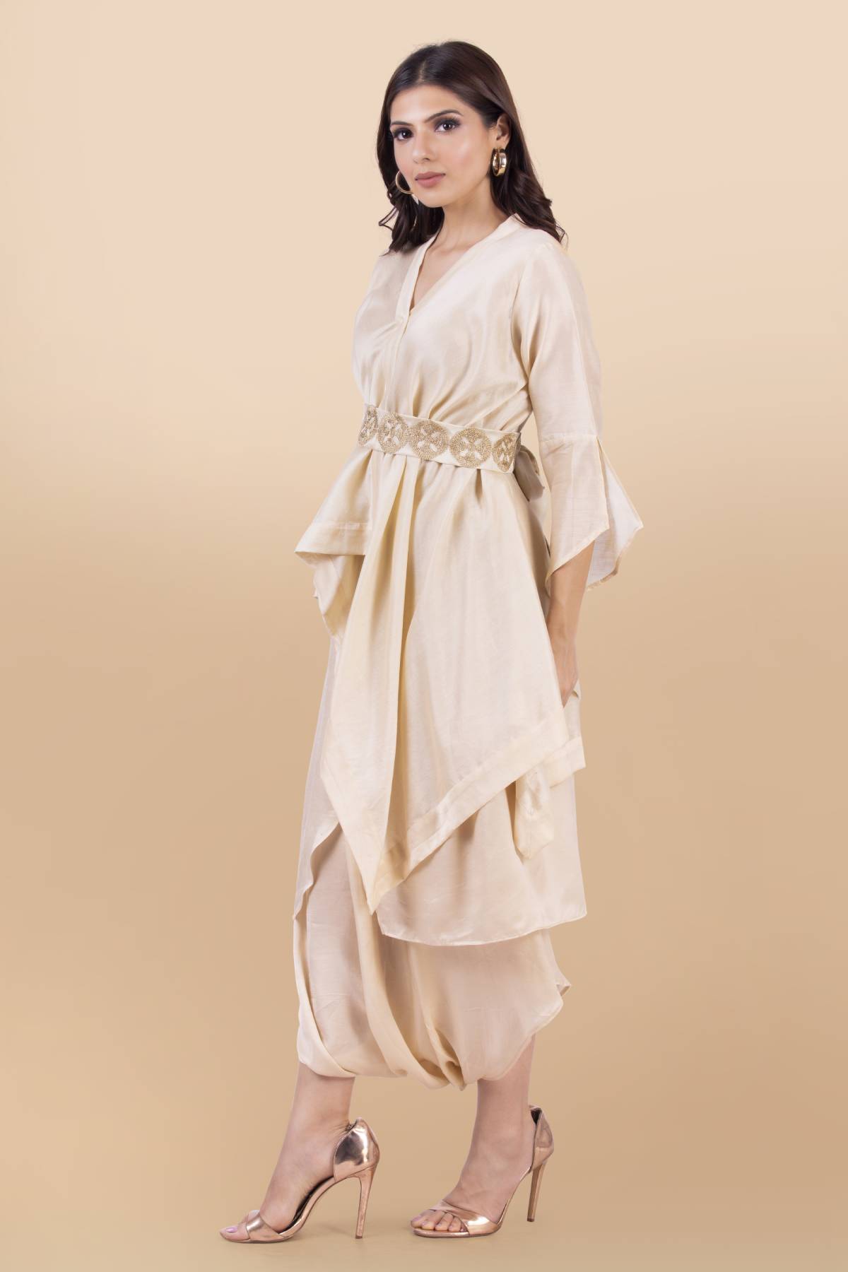 Asymmetrical Cream Dhoti Set