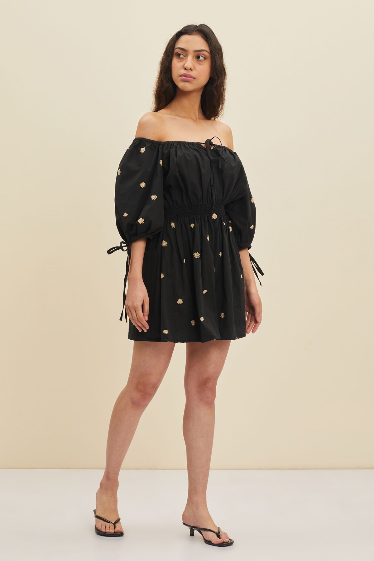 Black Smocked Floral Mini Dress