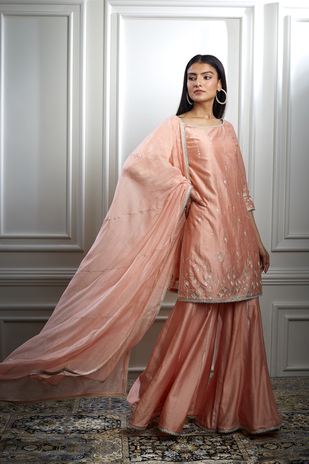 Peach Chanderi Short Kurta Set