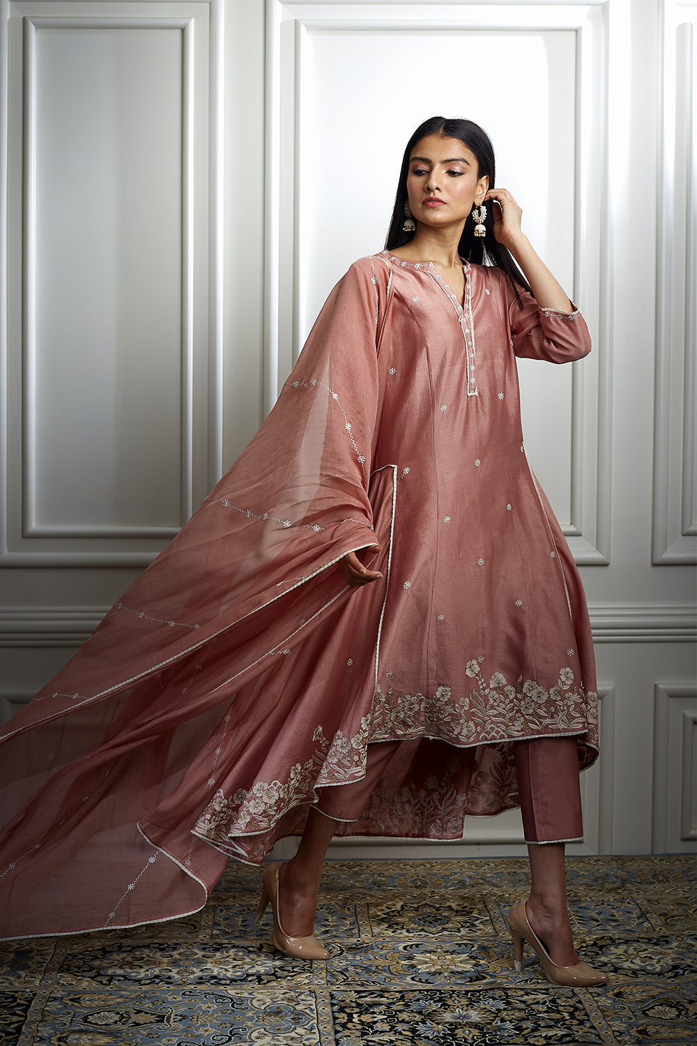 Pink Chanderi High-Low Kurta Set