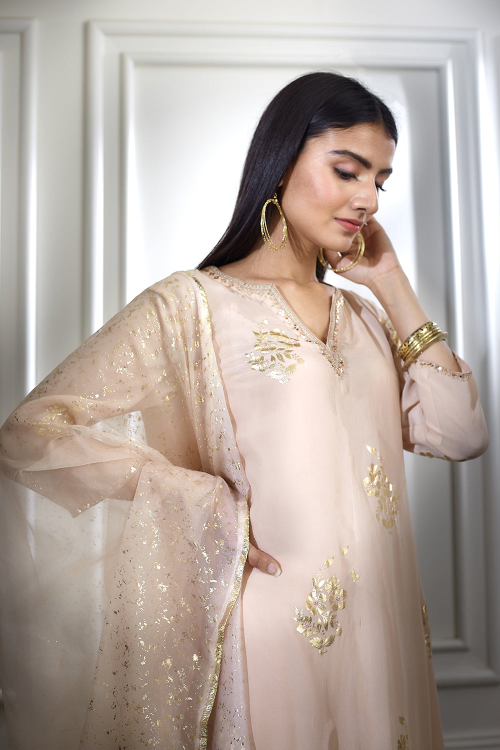 Beige Foil Printed Kurta Set