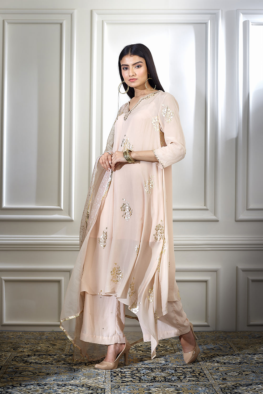 Beige Foil Printed Kurta Set