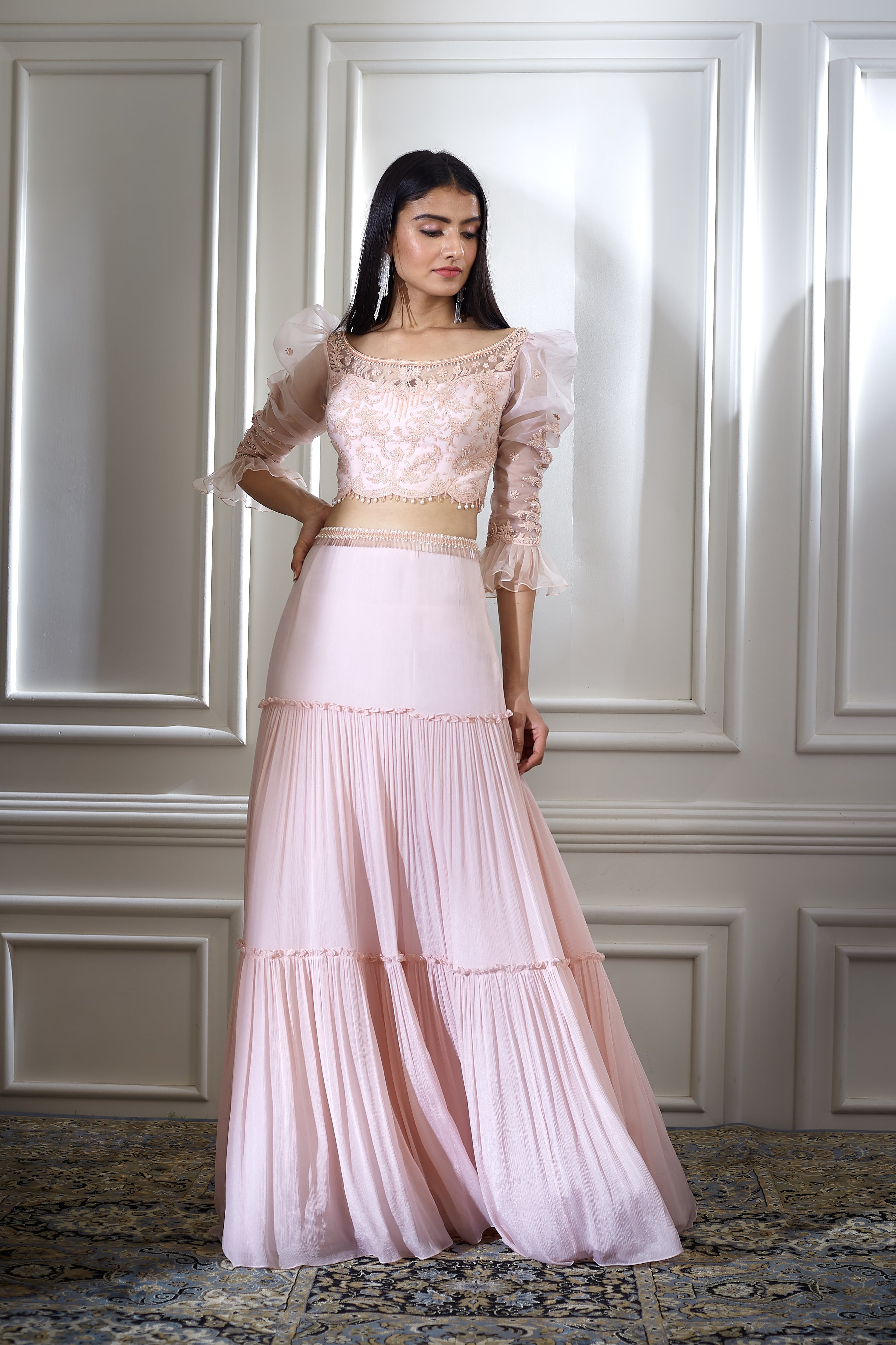 Tiered Soft Peach Lehenga Set
