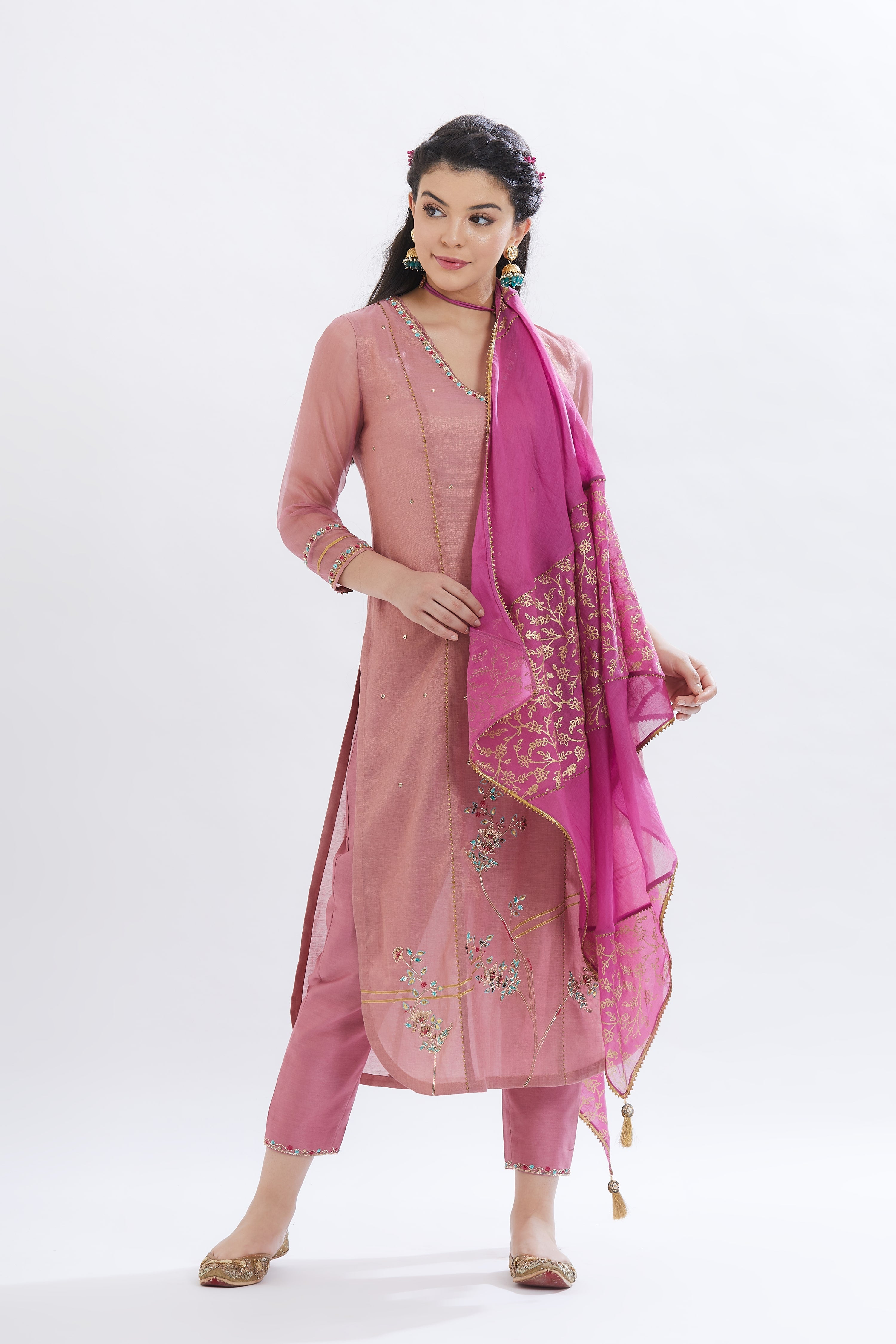 Pink Tissue Sequins Kurta Set