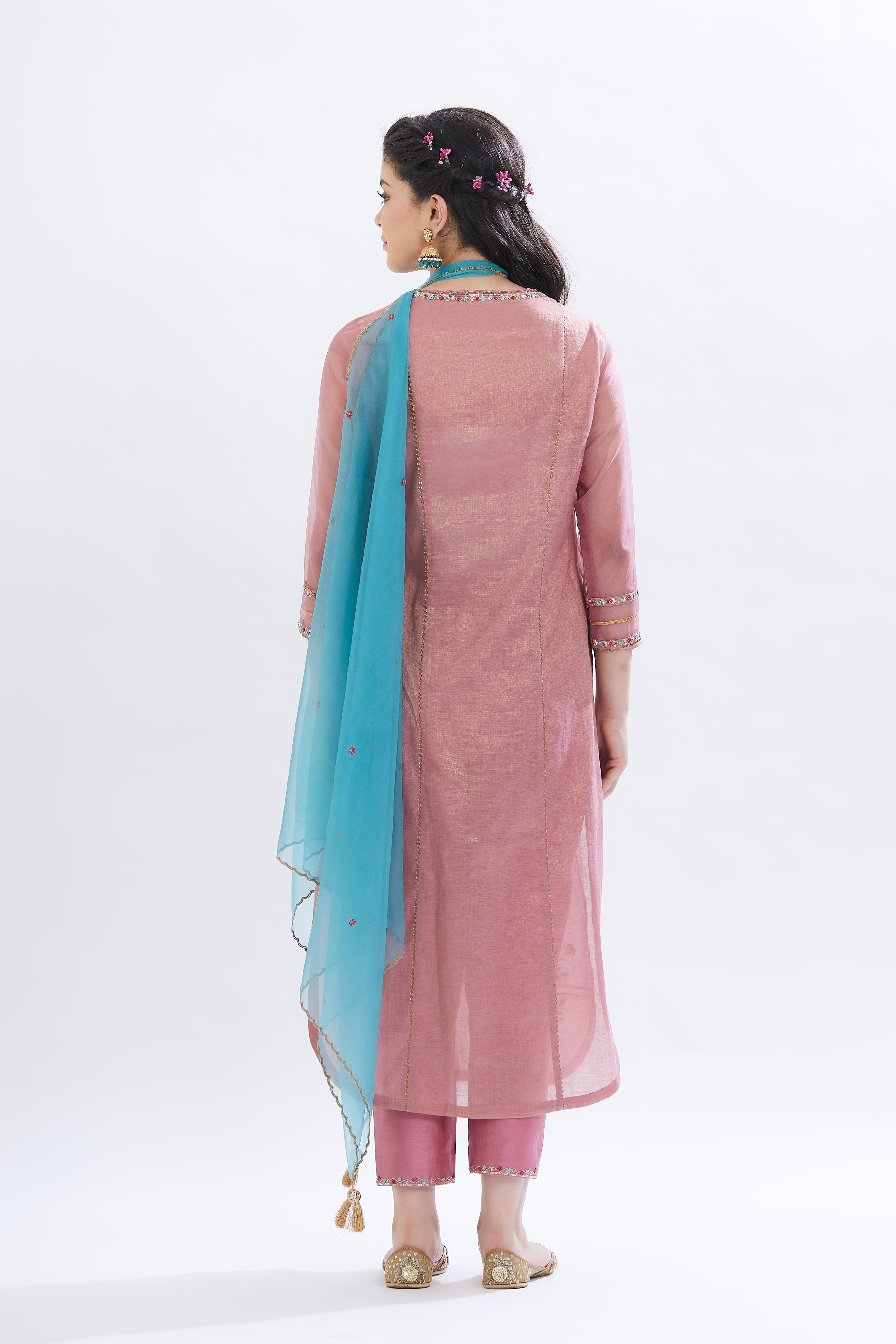 Pink Tissue V-Neck Kurta Set