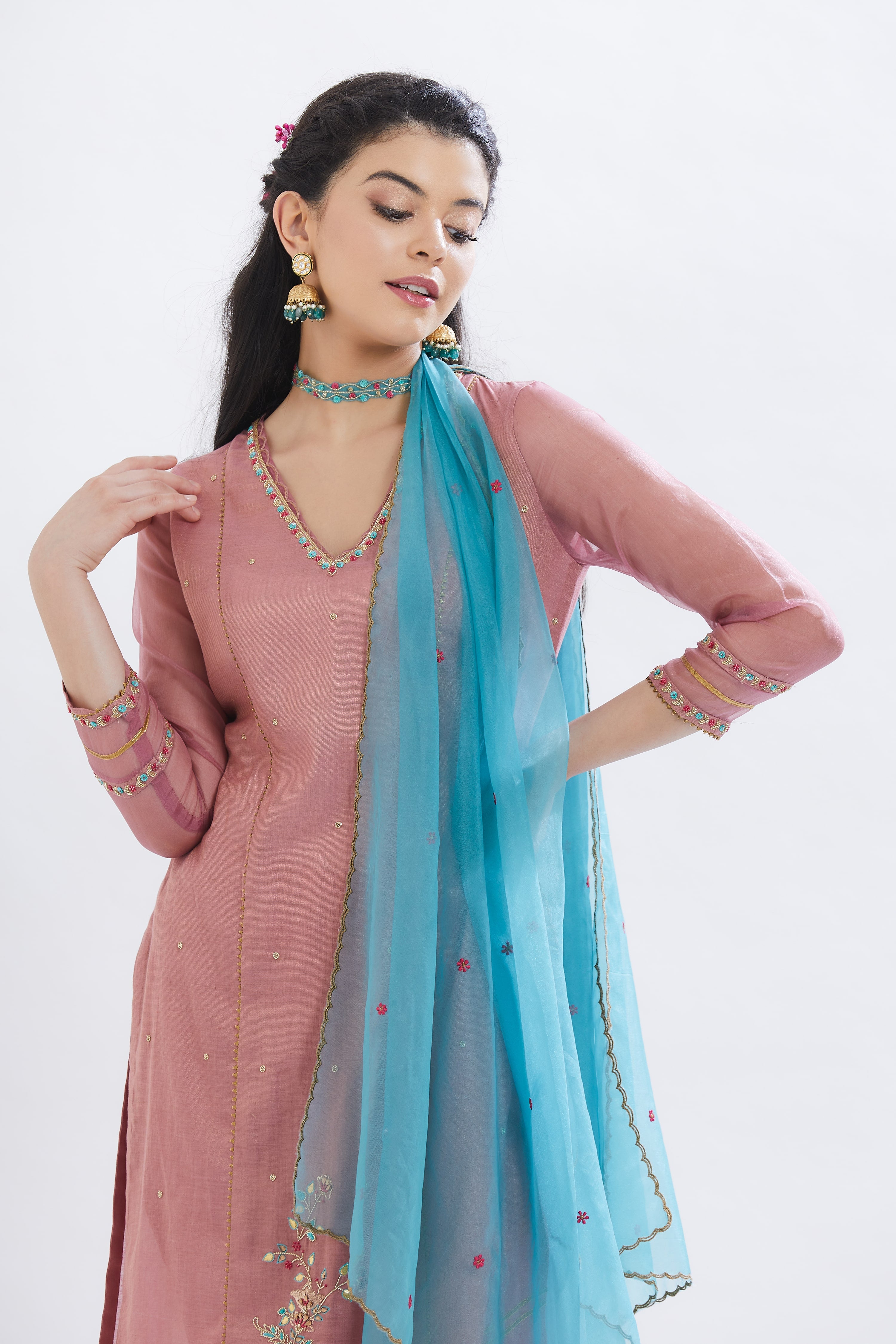 Pink Tissue V-Neck Kurta Set