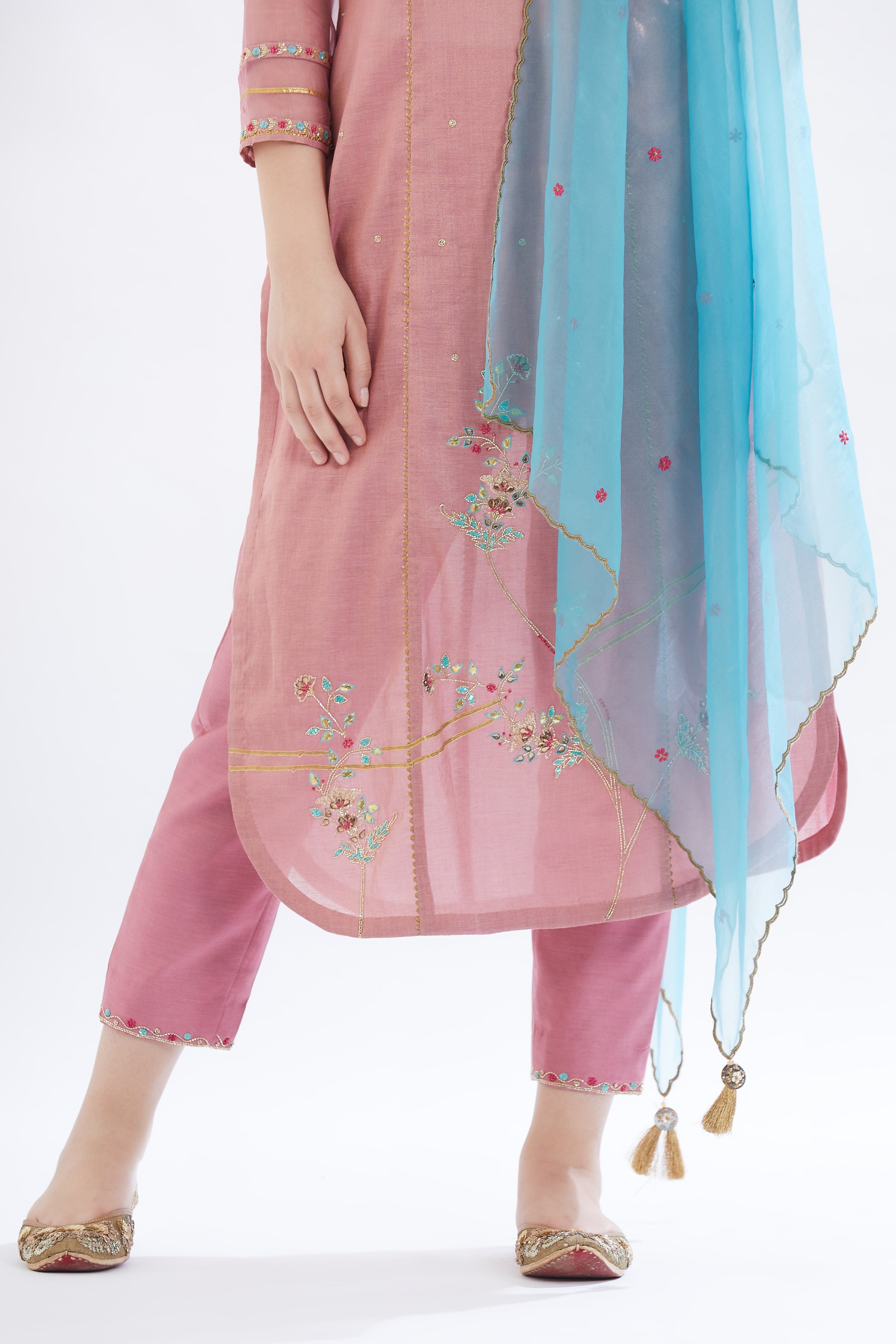 Pink Tissue V-Neck Kurta Set