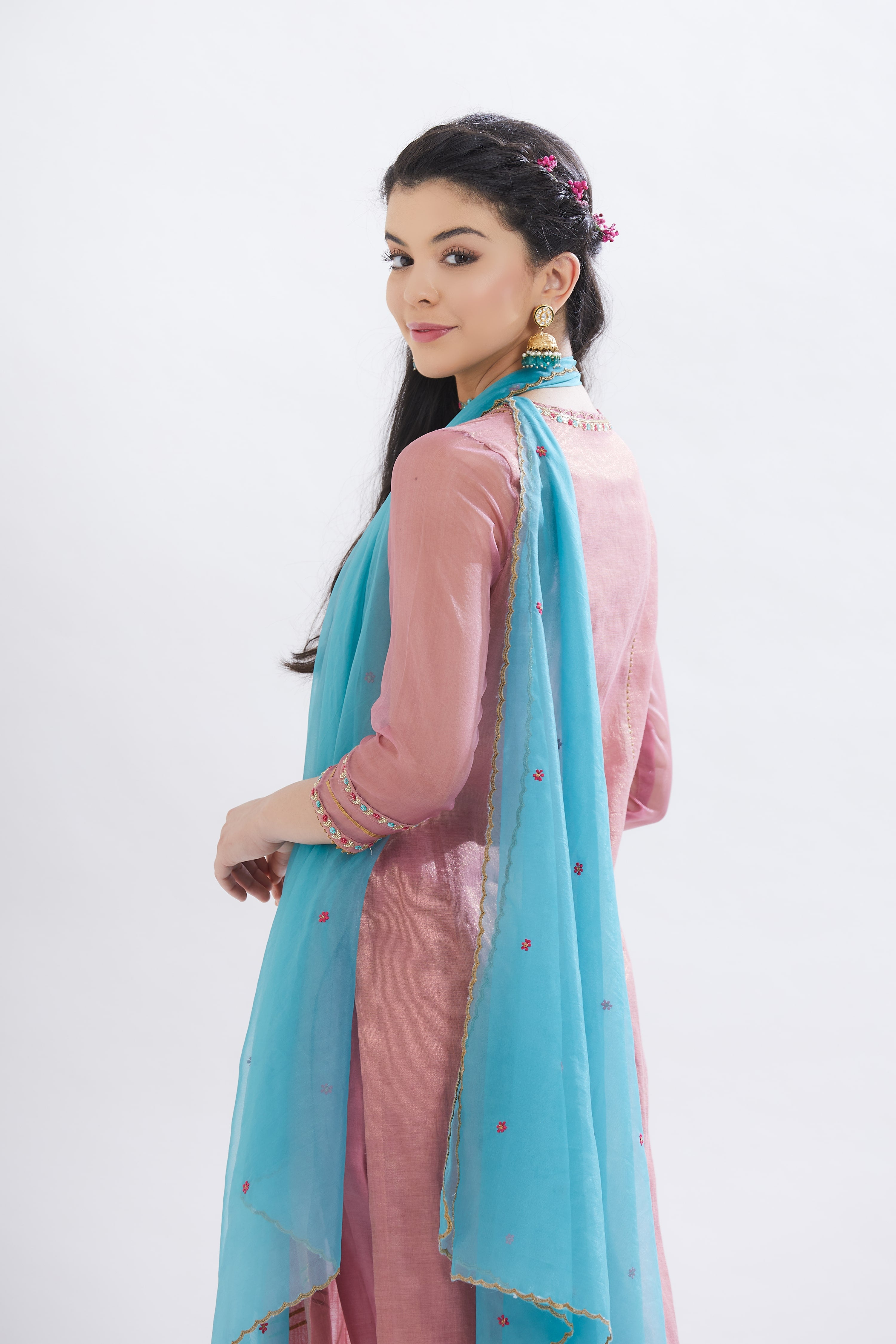 Pink Tissue V-Neck Kurta Set