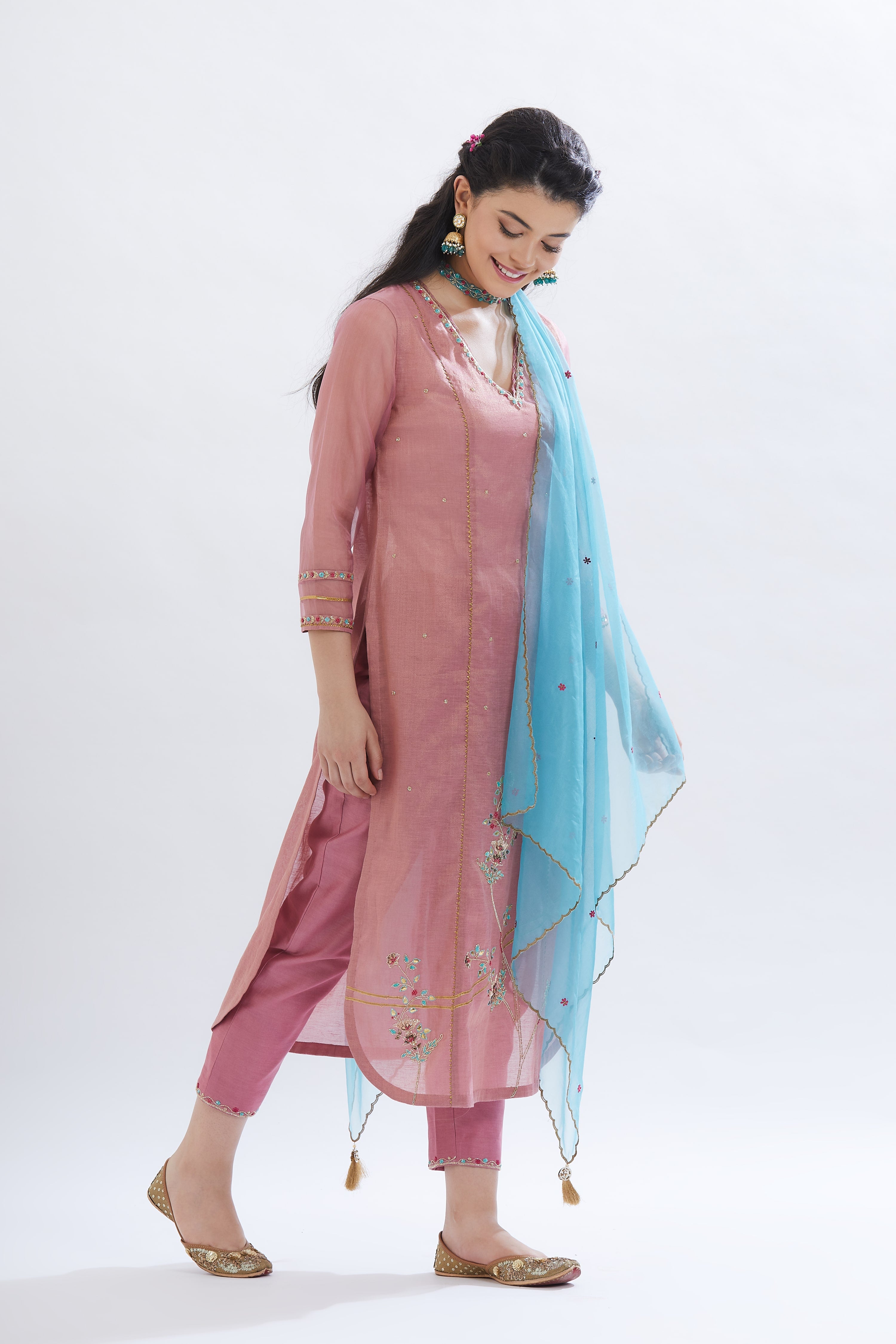 Pink Tissue V-Neck Kurta Set