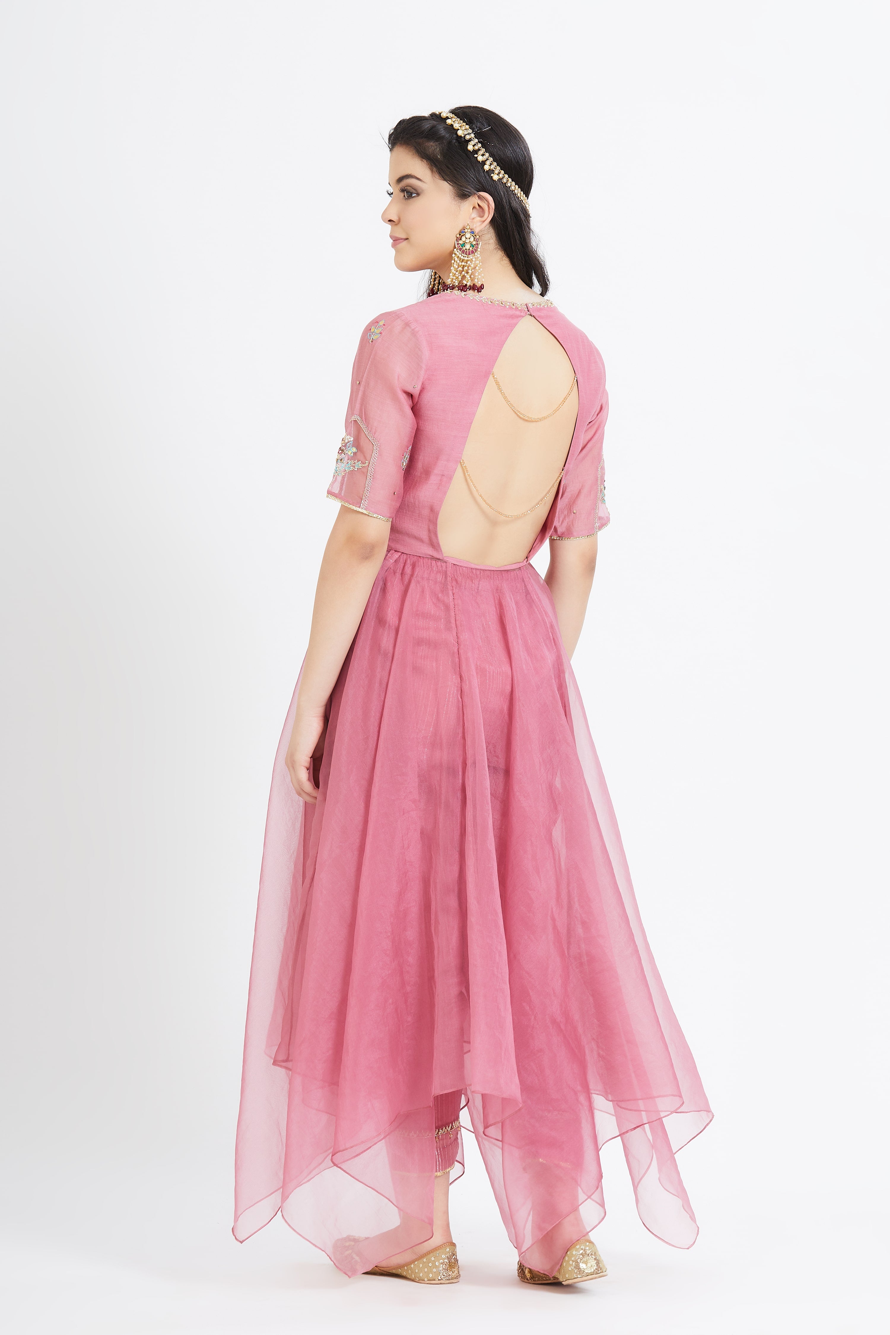 Pink Organza Applique Kurta Set