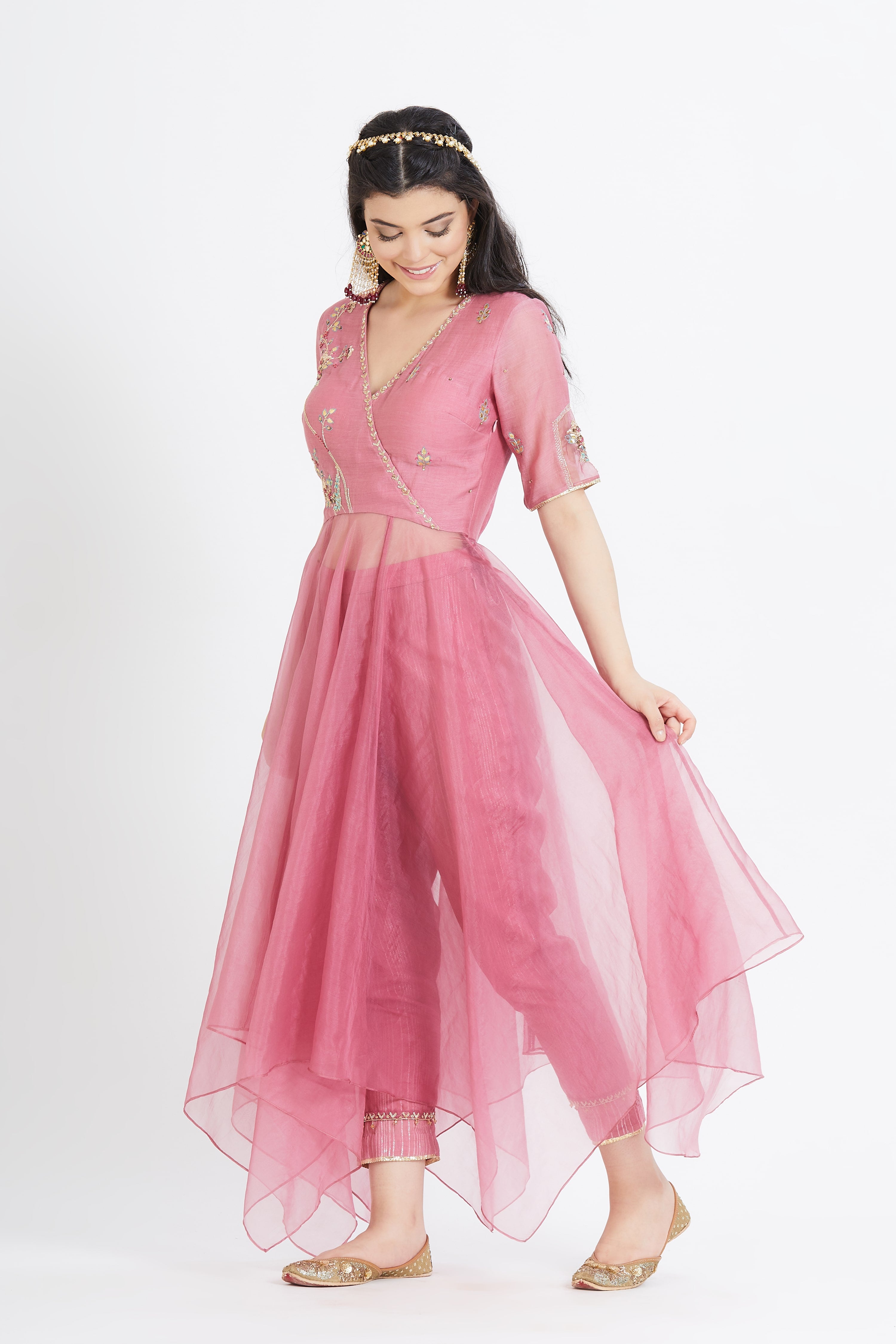 Pink Organza Applique Kurta Set