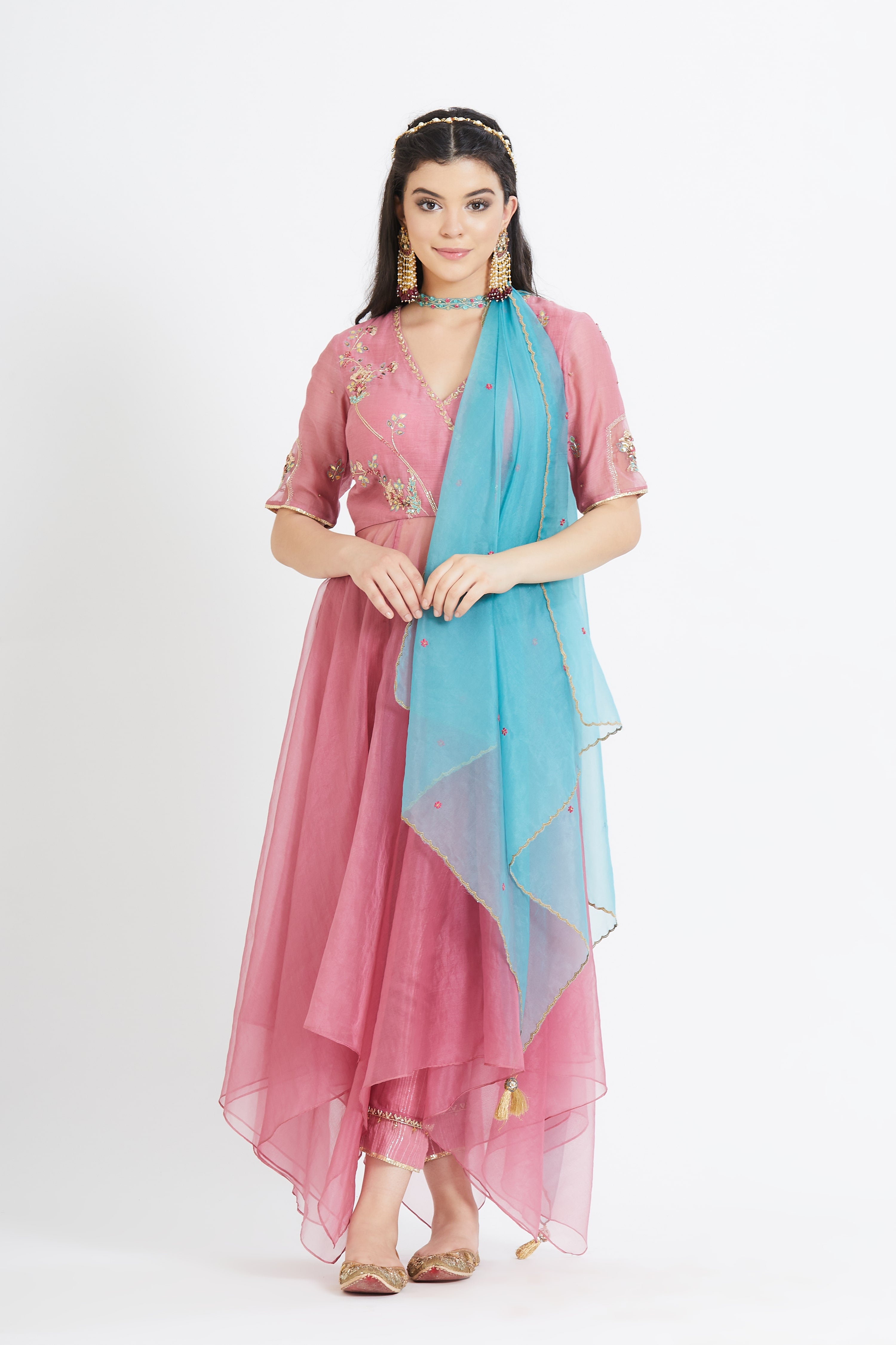 Pink Organza Applique Kurta Set
