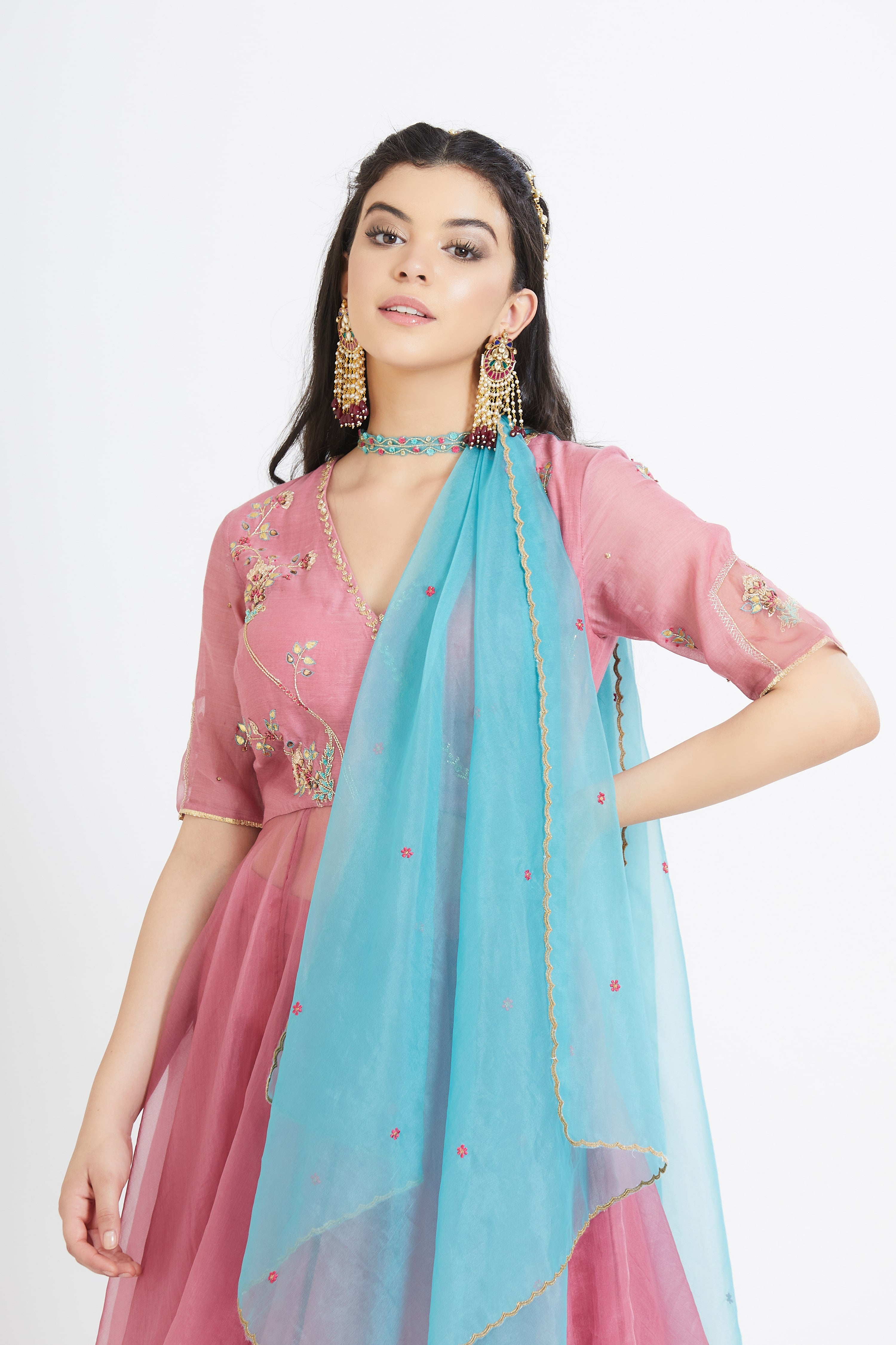 Pink Organza Applique Kurta Set