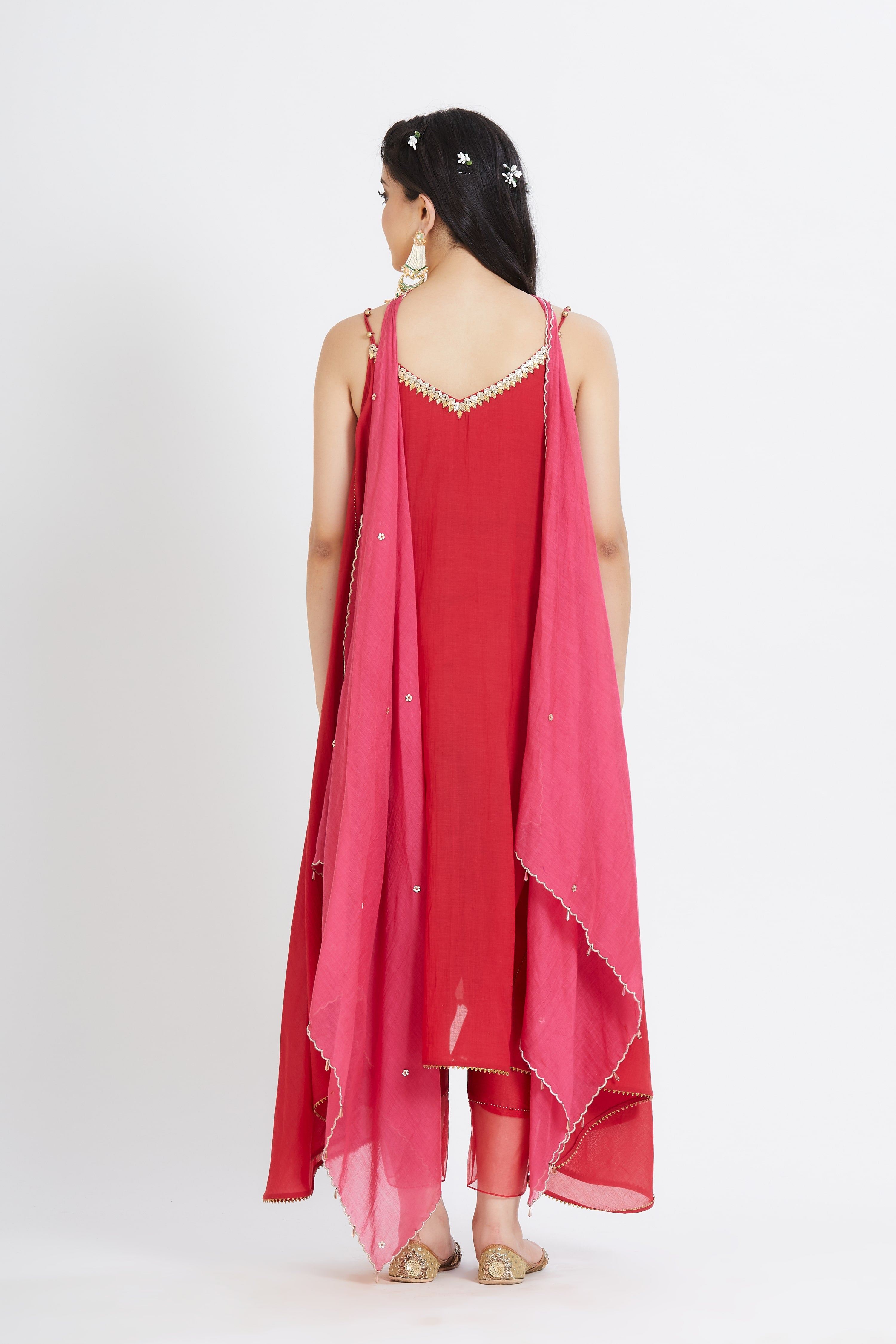 Red Cotton Silk Gota Tunic Set