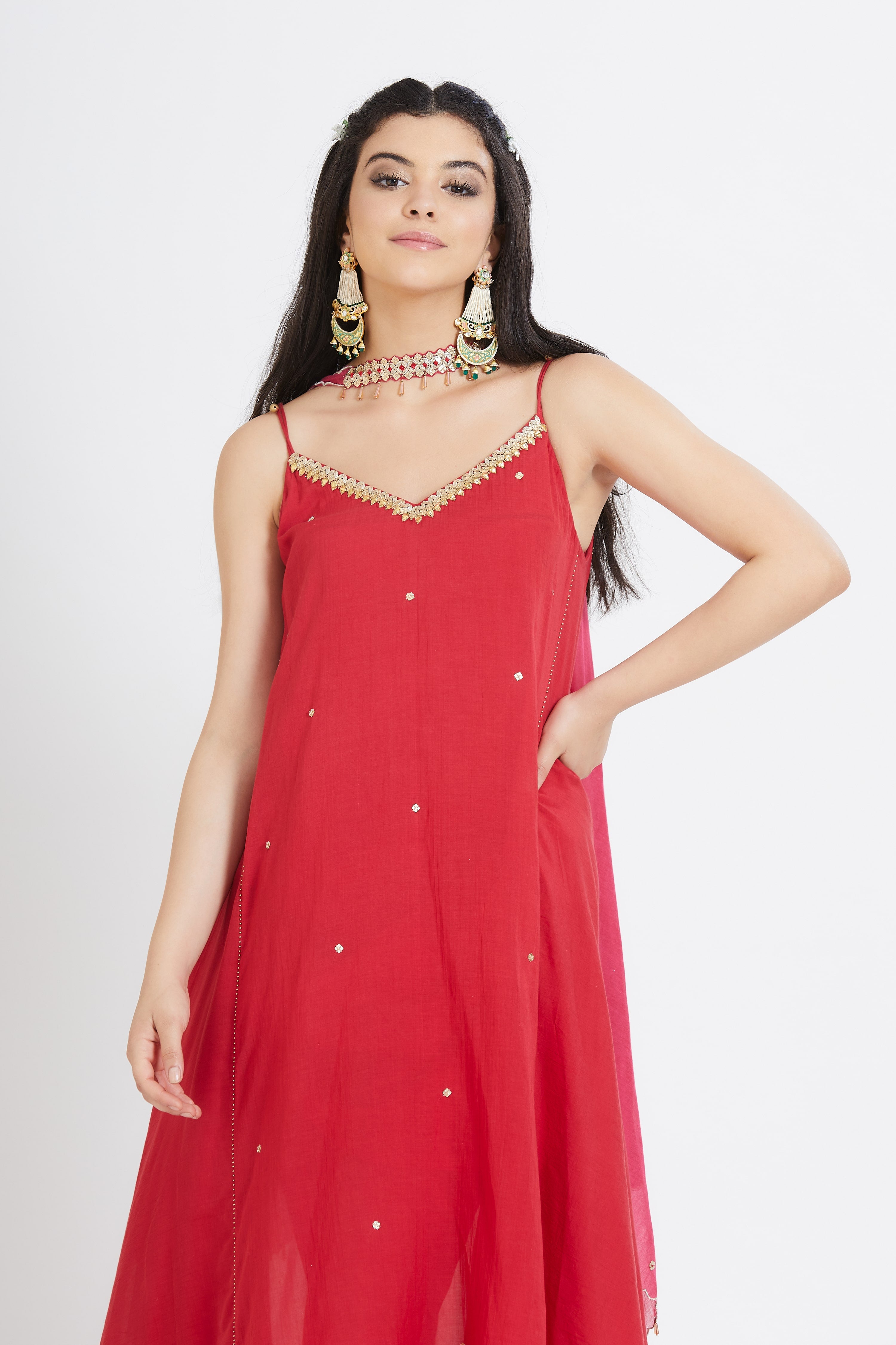 Red Cotton Silk Gota Tunic Set