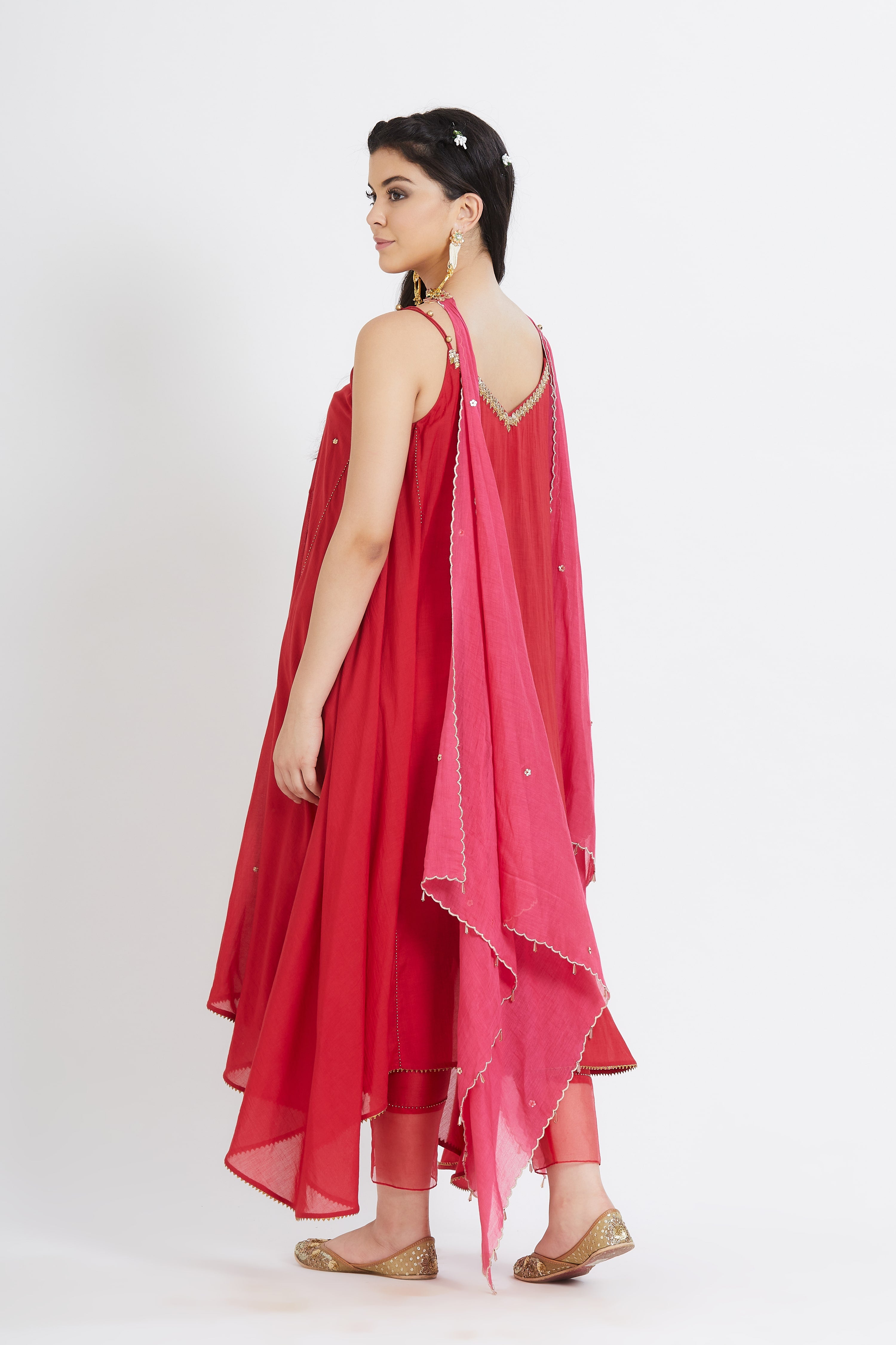 Red Cotton Silk Gota Tunic Set