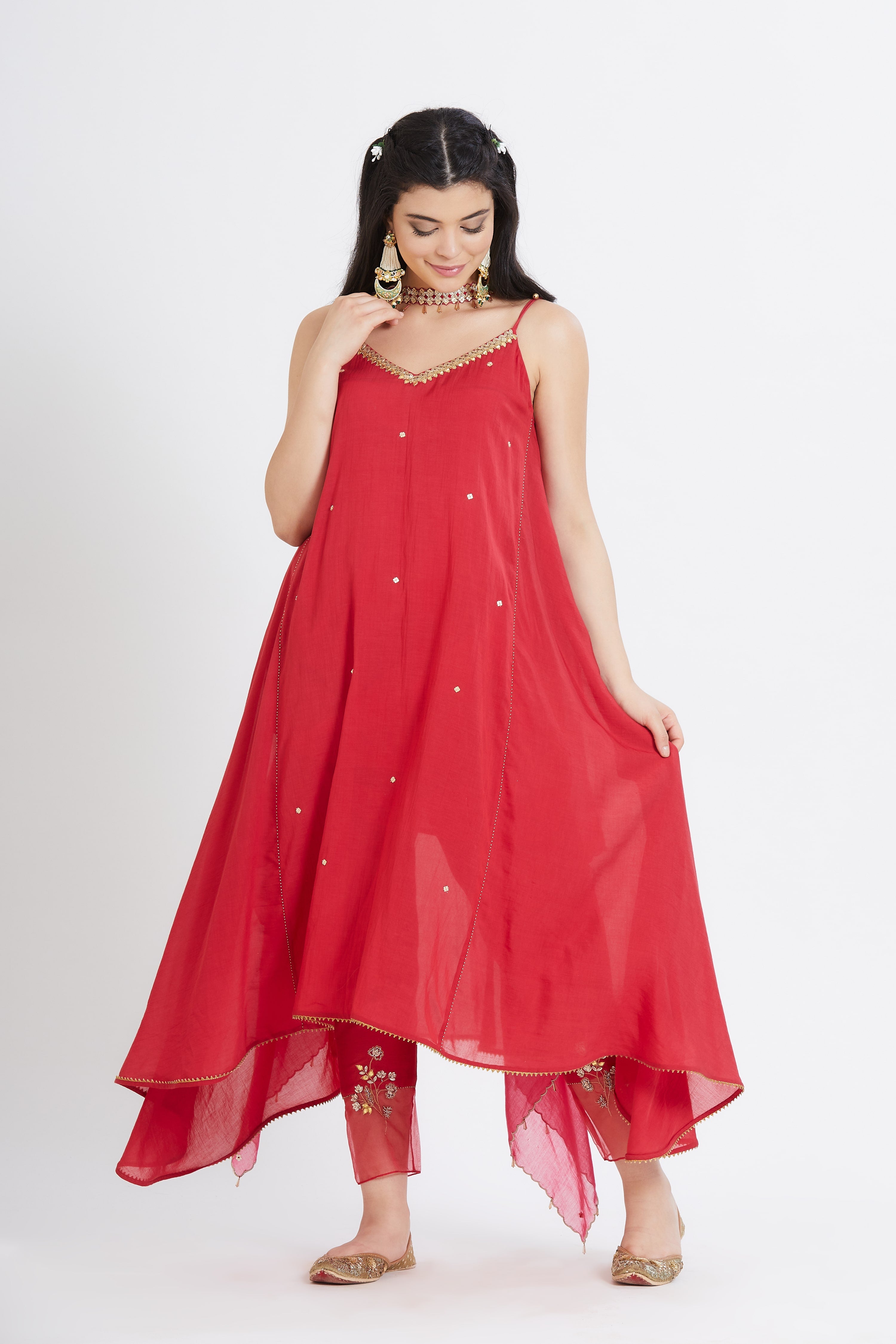 Red Cotton Silk Gota Tunic Set