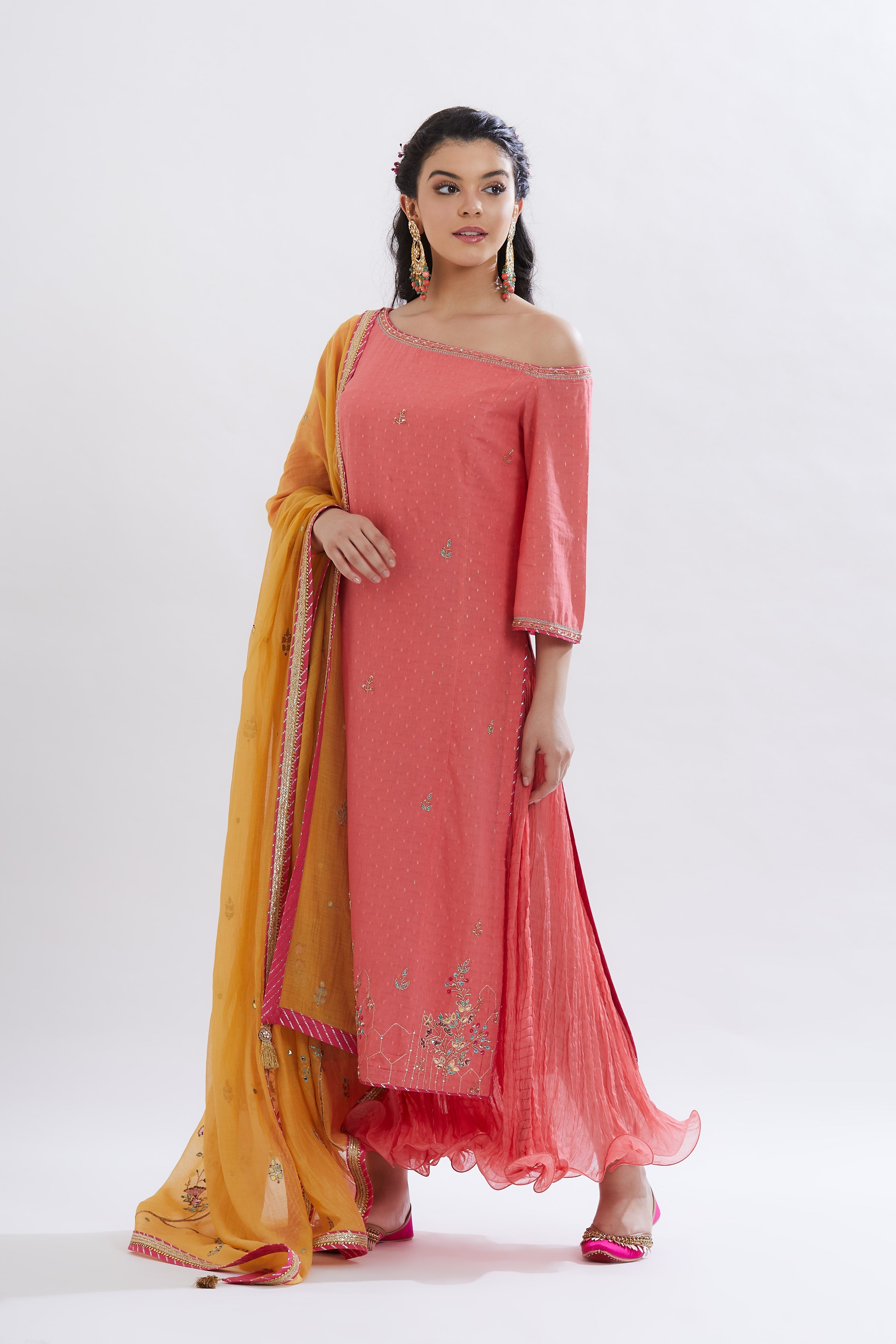 Coral Sequins Crinkled Kurta set