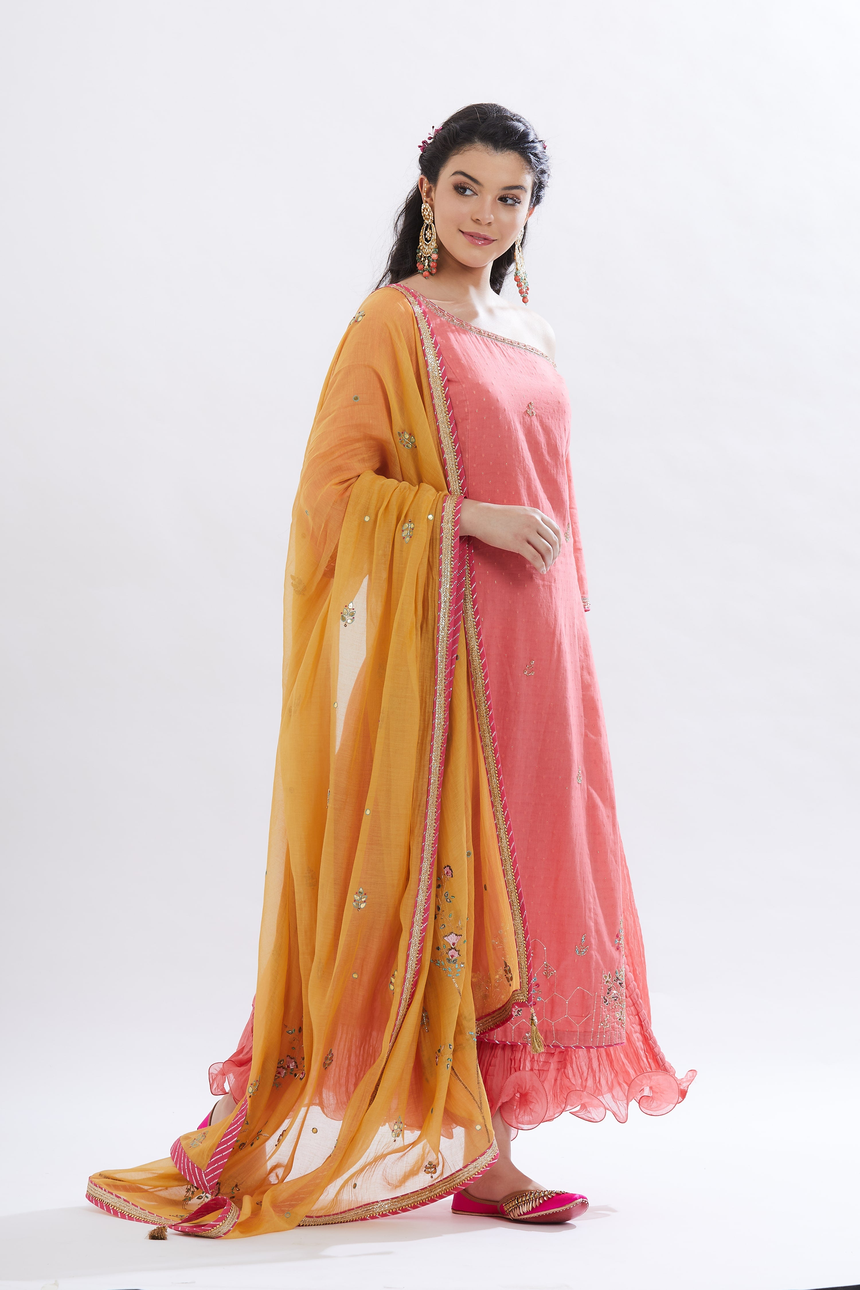 Coral Sequins Crinkled Kurta set