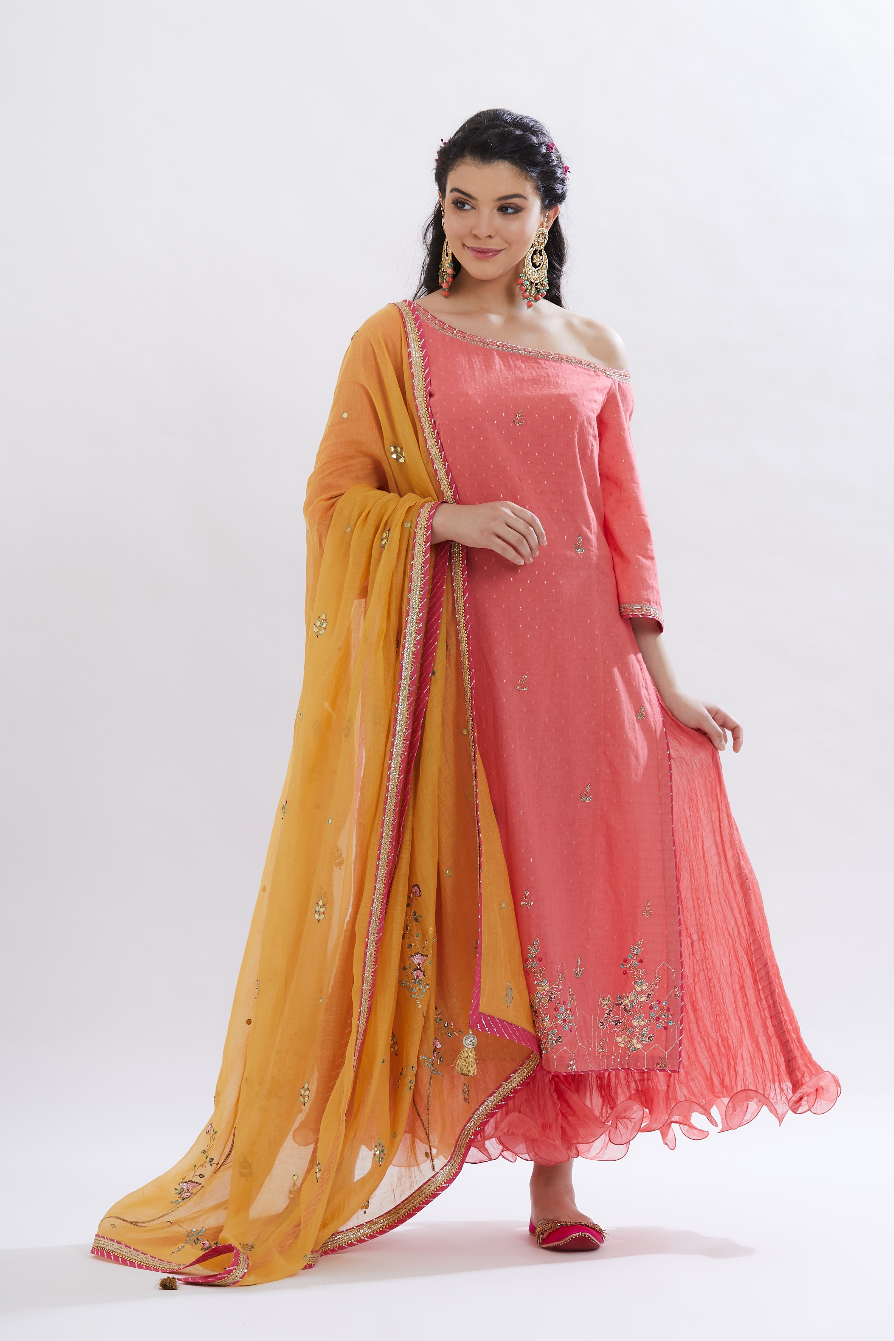 Coral Sequins Crinkled Kurta set