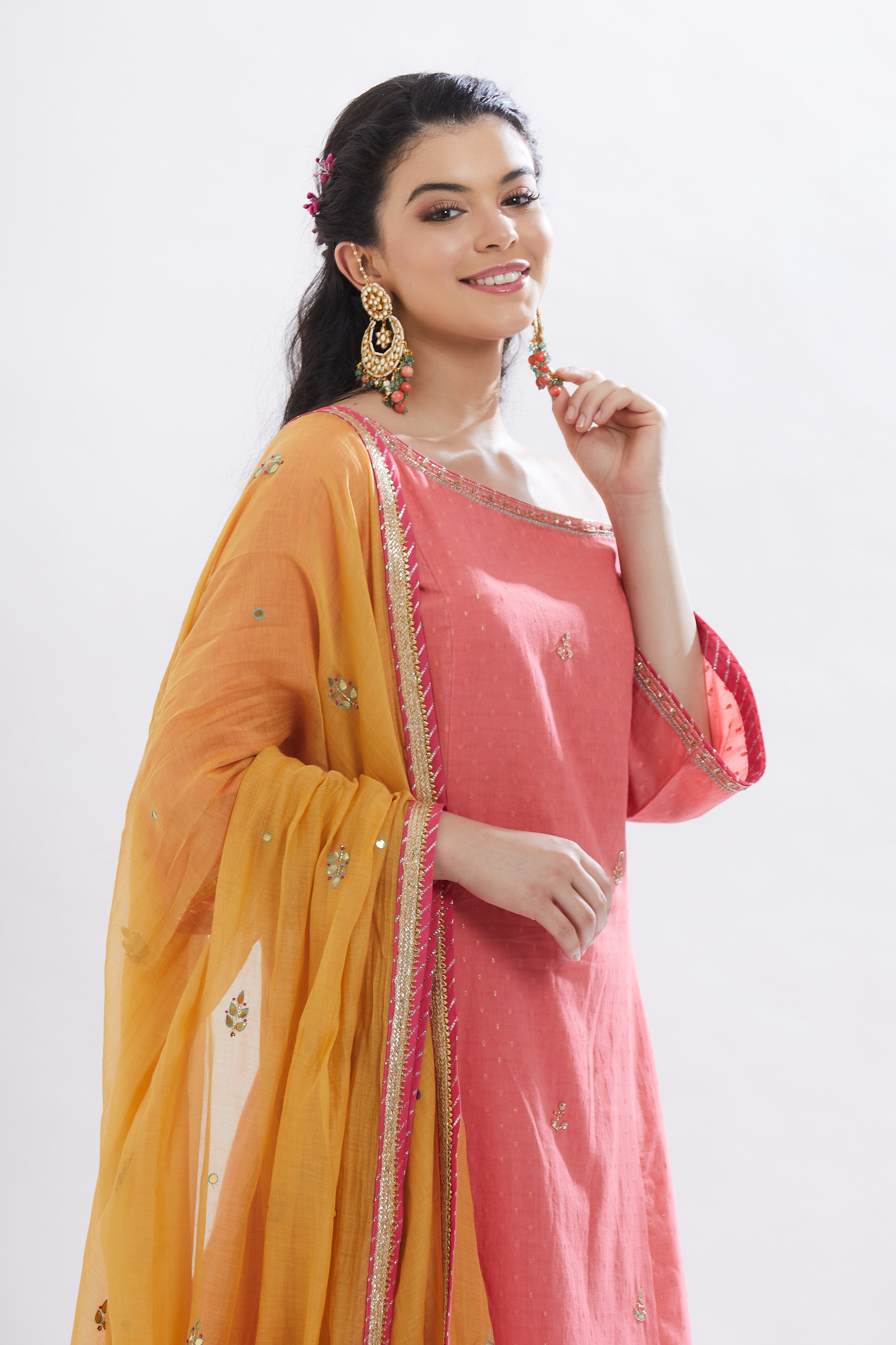 Coral Sequins Crinkled Kurta set