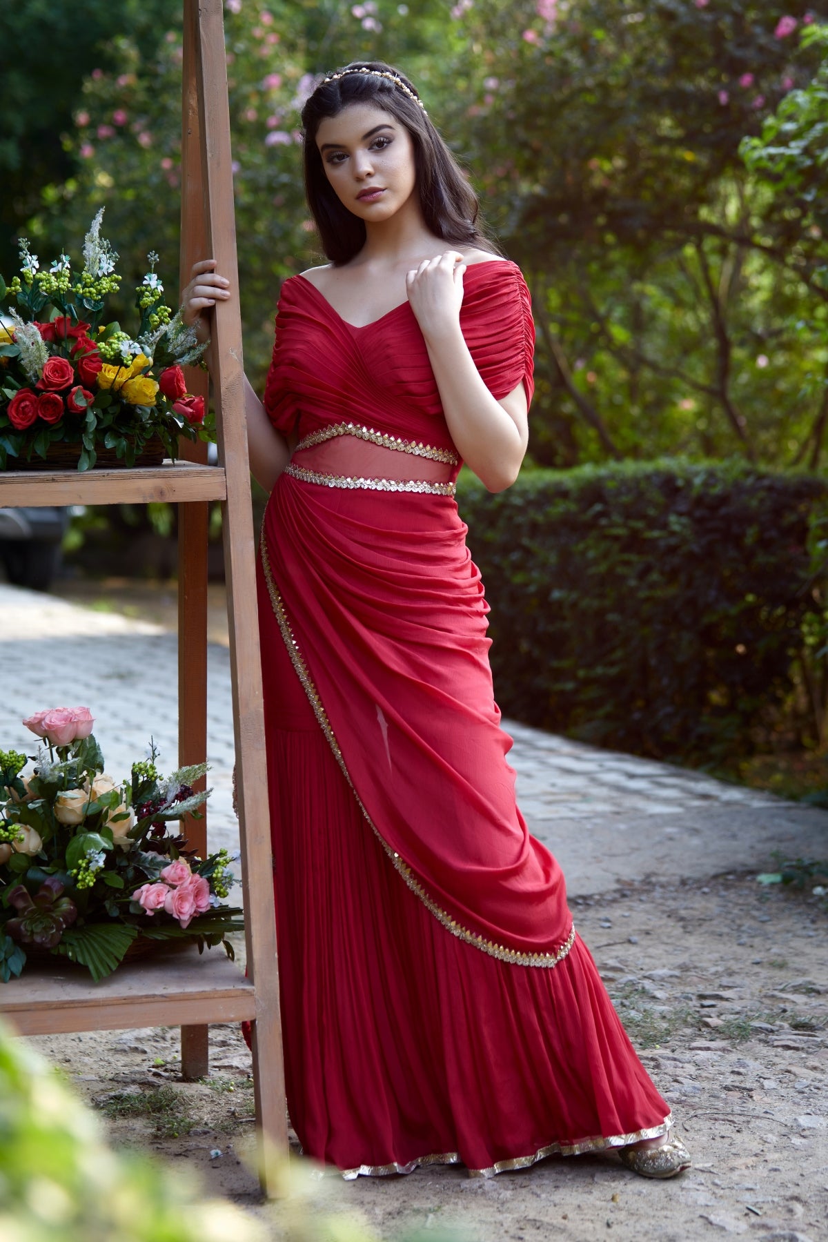 Buy Gota Draped Saree by Mandira Wirk