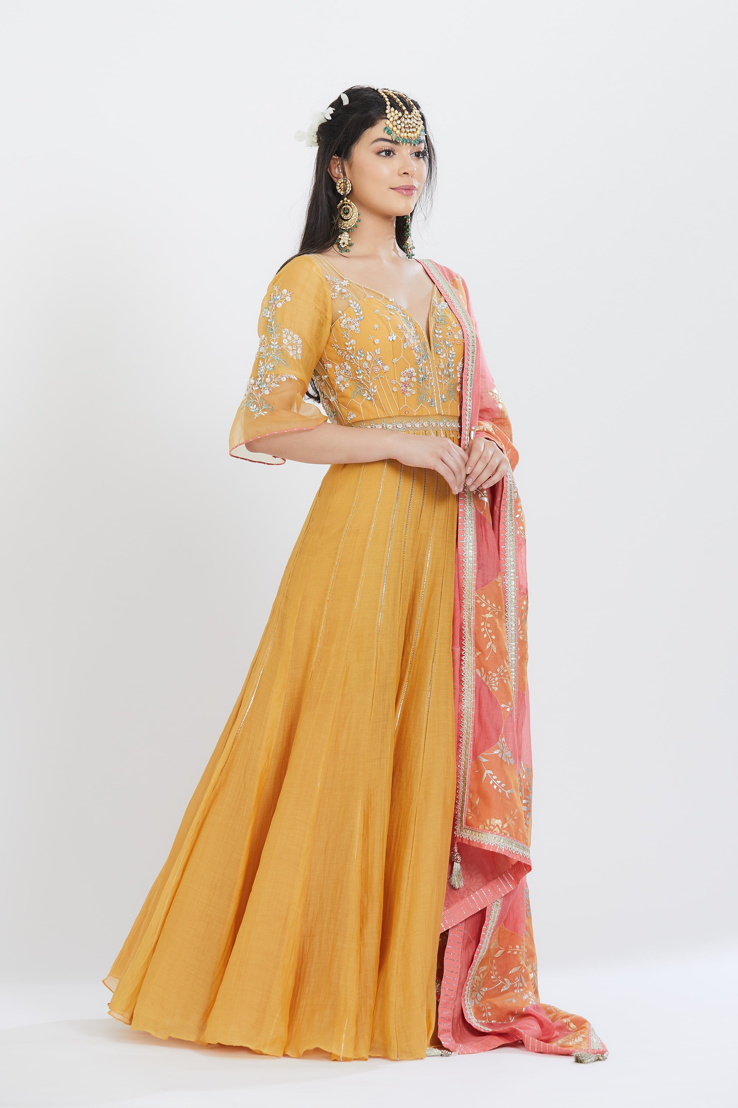 Yellow Applique Anarkali Set