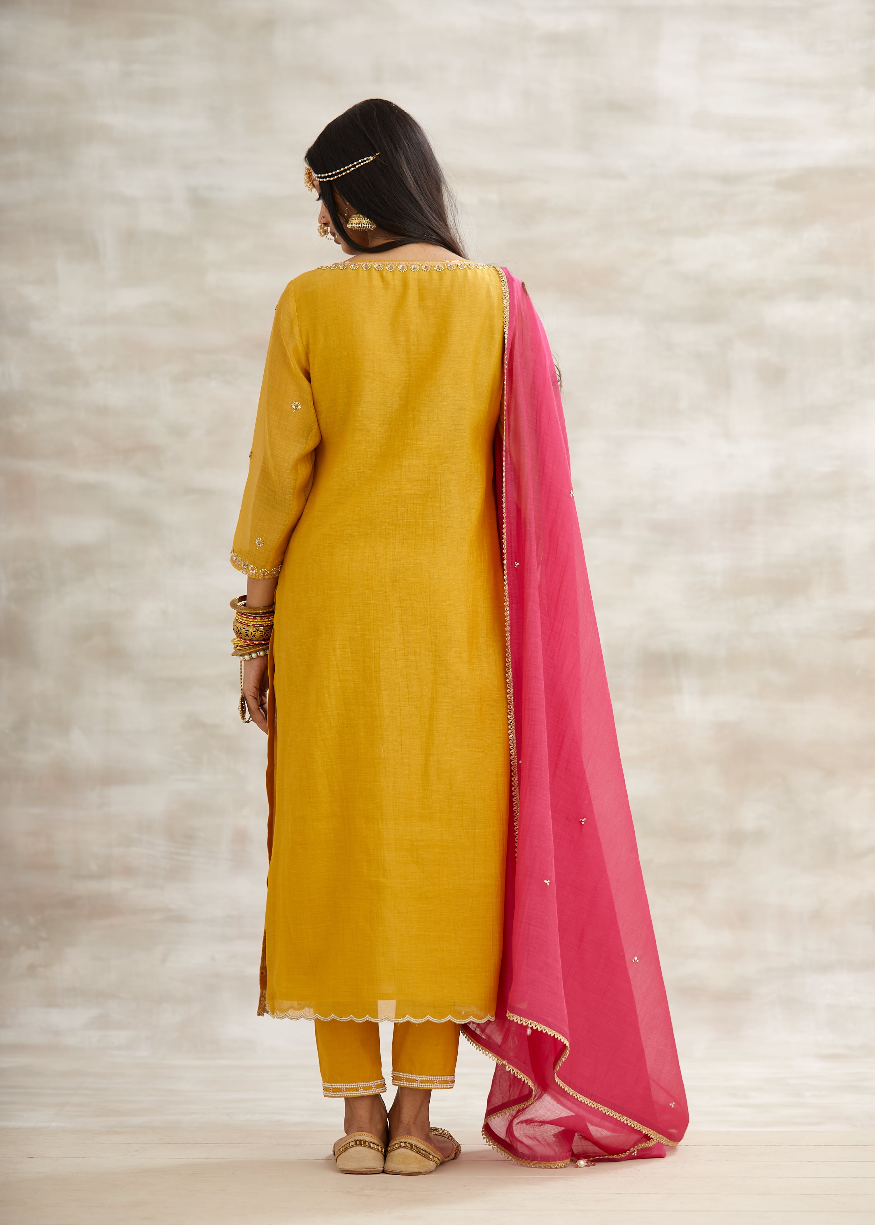 Mustard Beads Work Kurta Set