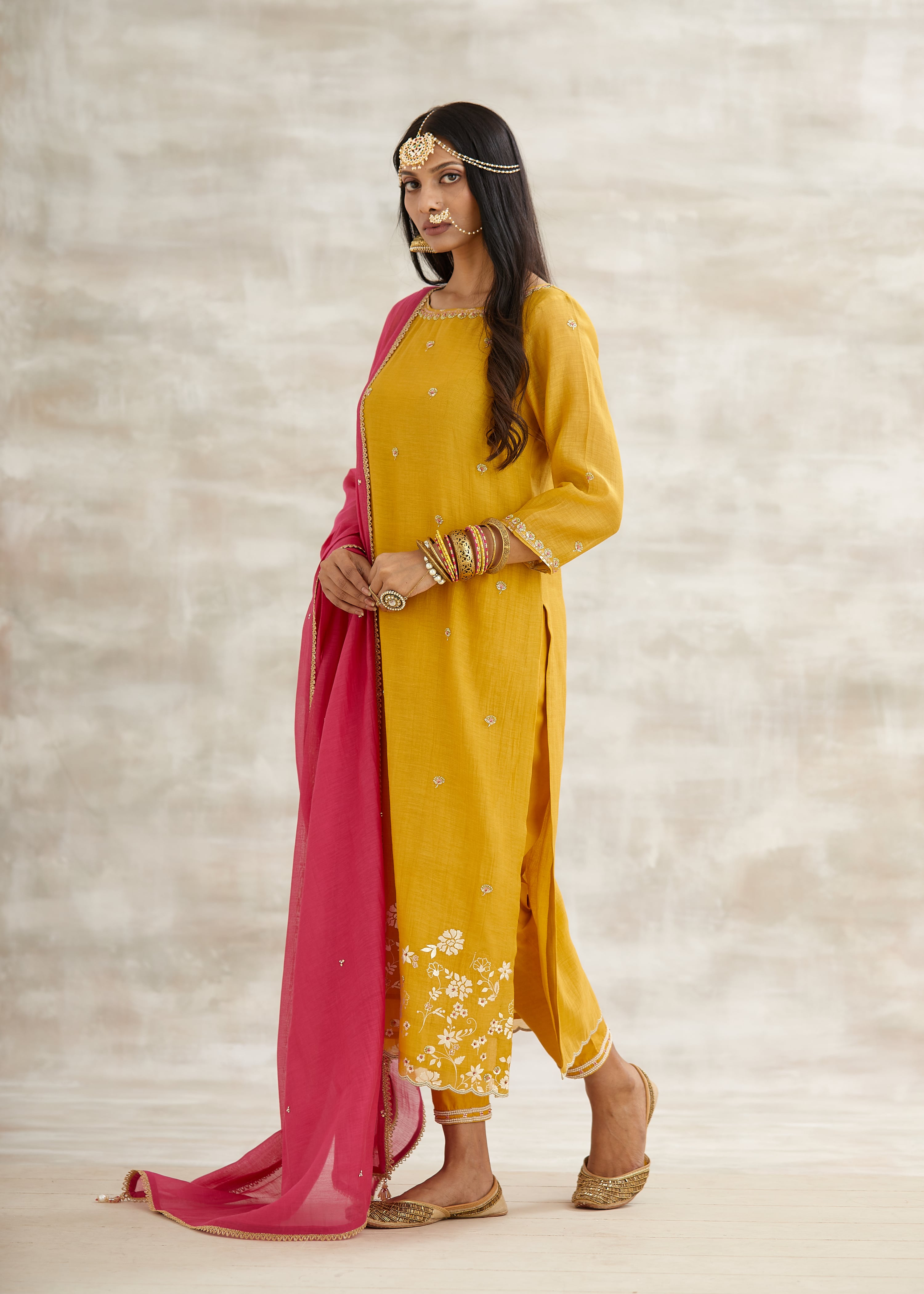 Mustard Beads Work Kurta Set