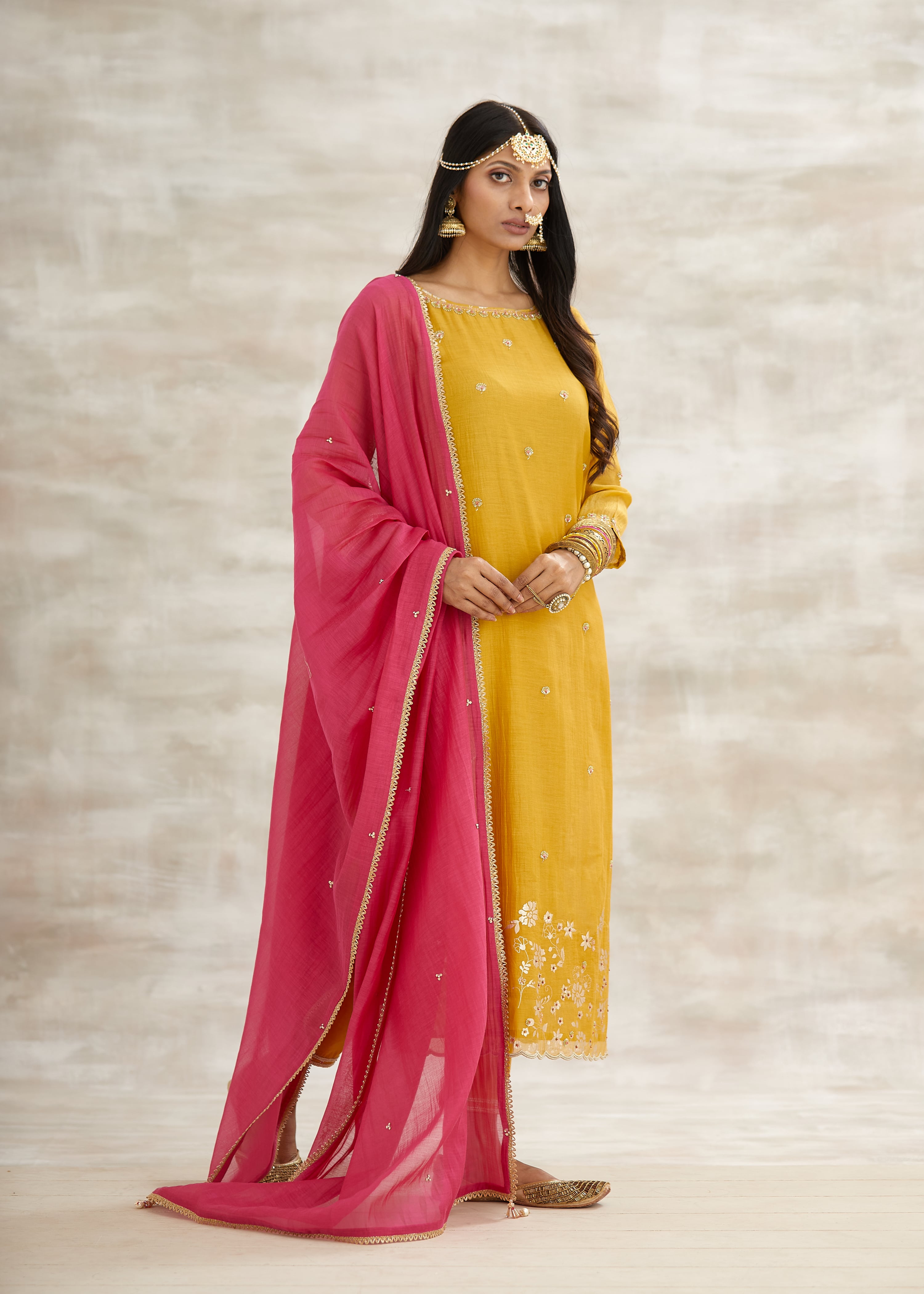 Mustard Beads Work Kurta Set