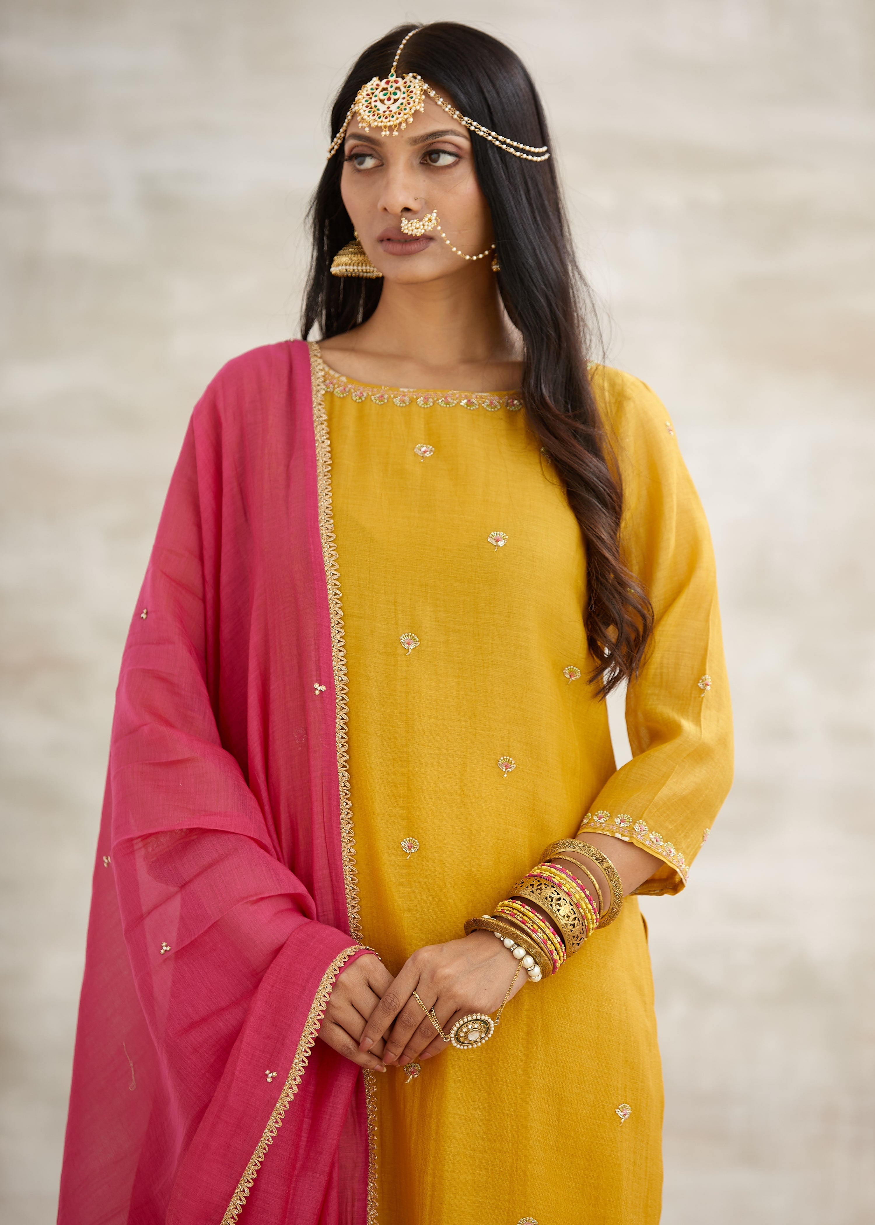 Mustard Beads Work Kurta Set