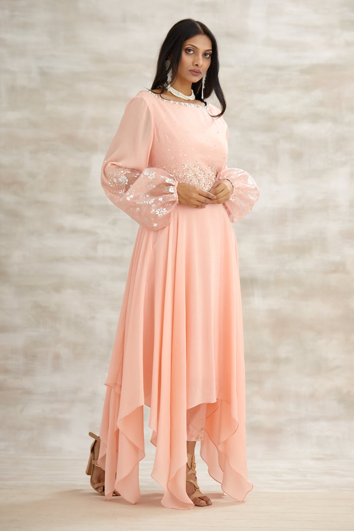 Peach Foil Printed Tunic Set