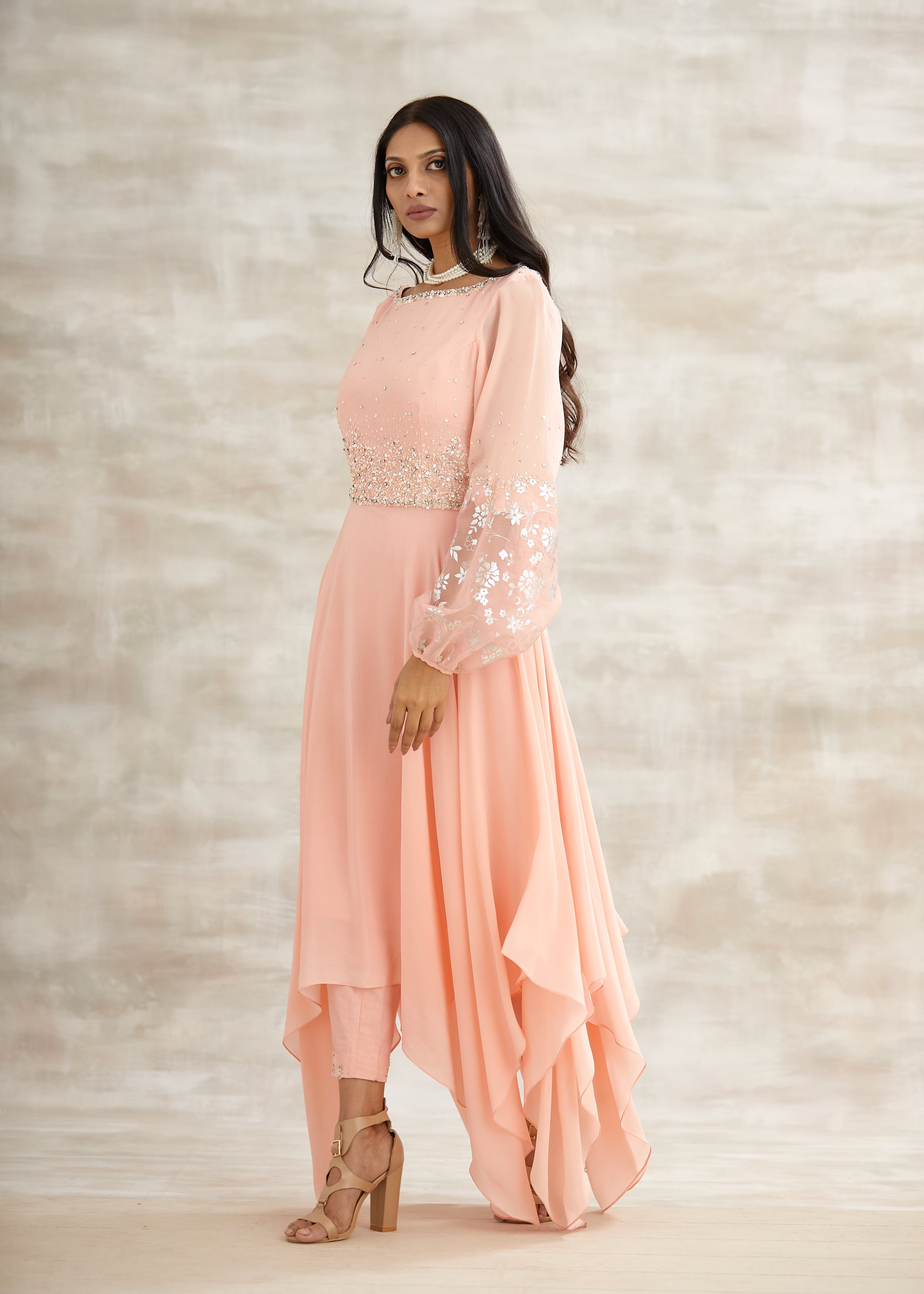 Peach Foil Printed Tunic Set