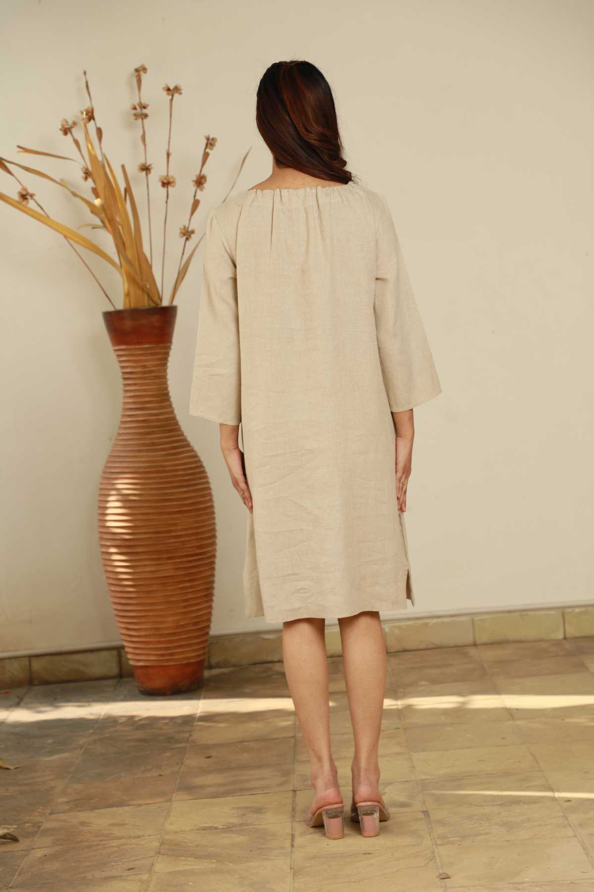 Beige 100% Linen Midi Dress