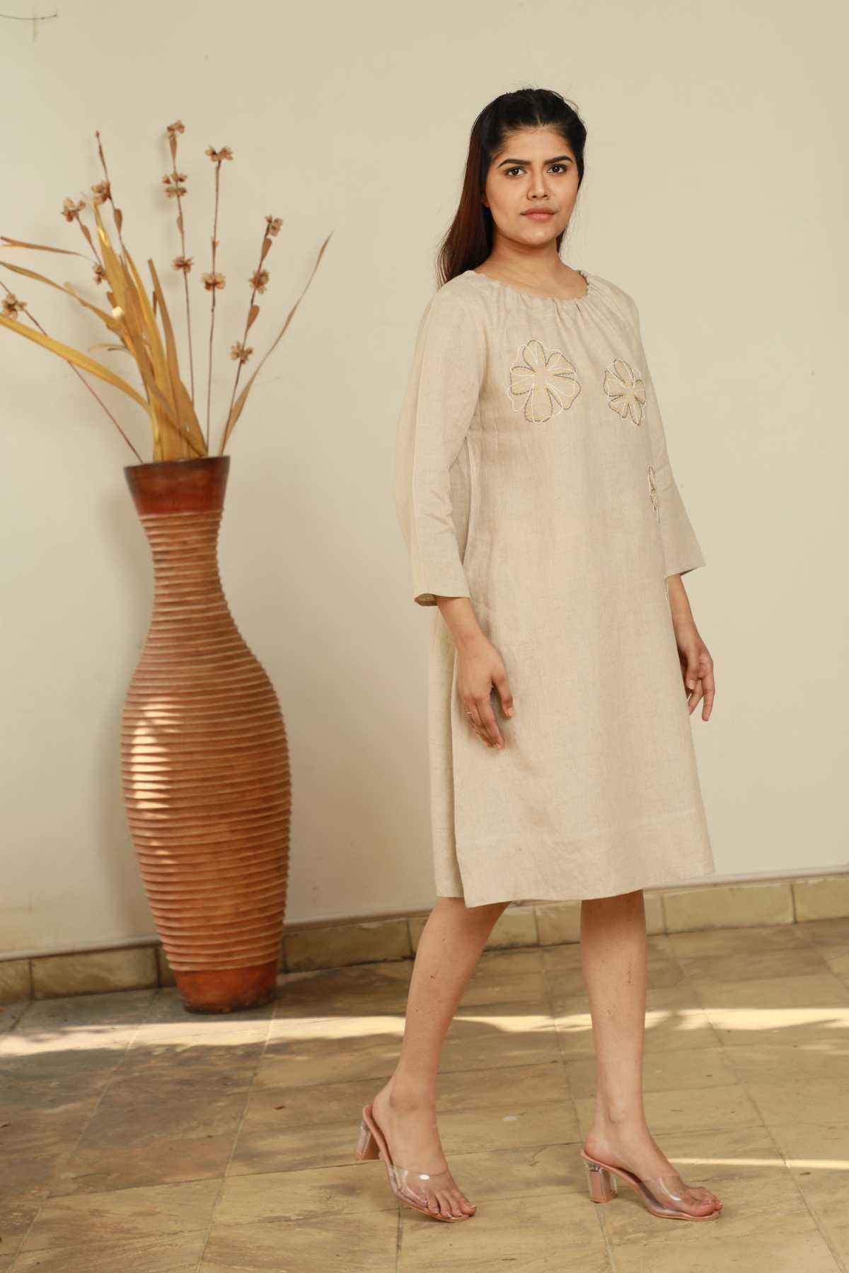 Beige 100% Linen Midi Dress