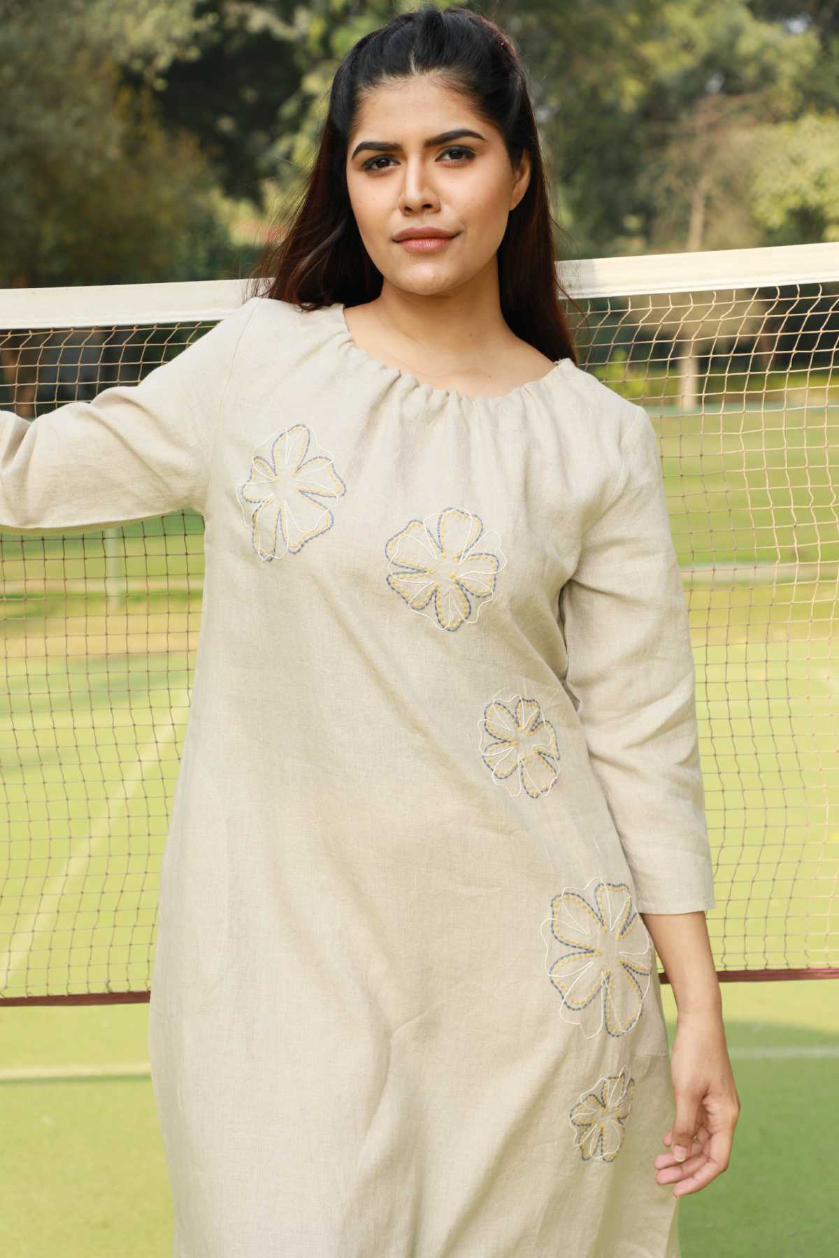 Beige 100% Linen Midi Dress