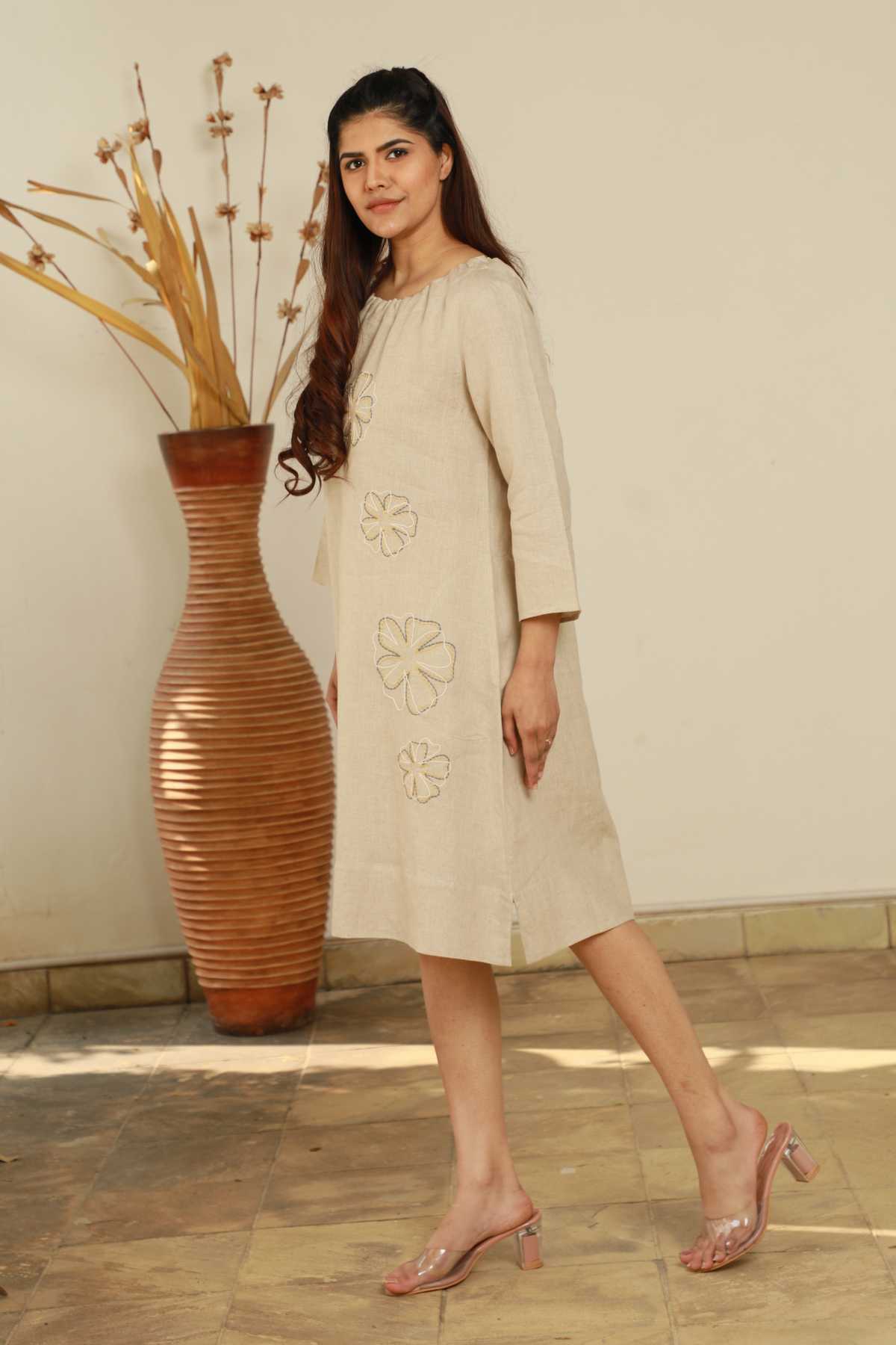 Beige 100% Linen Midi Dress
