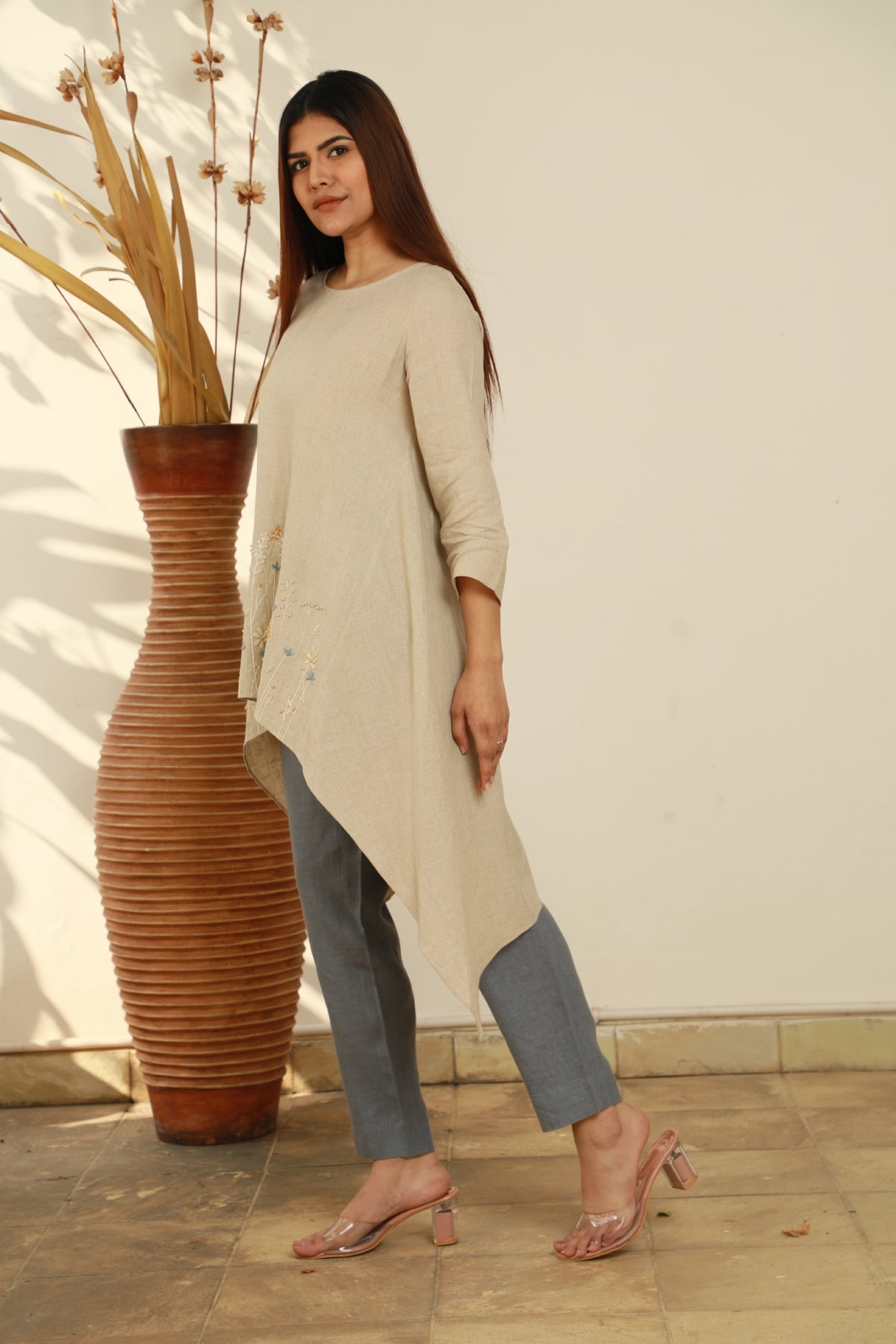 Blue Linen Pencil Pants