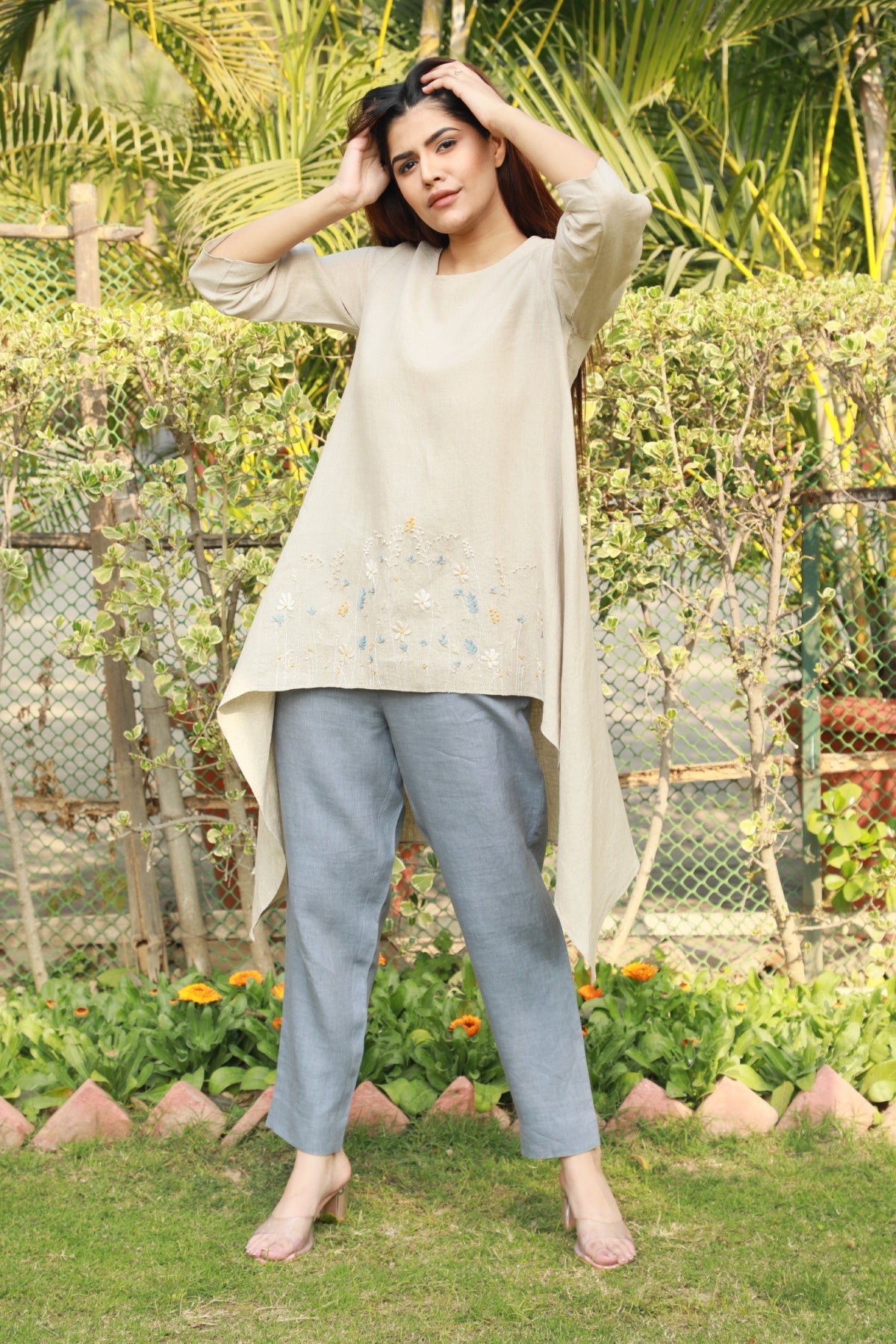 Blue Linen Pencil Pants