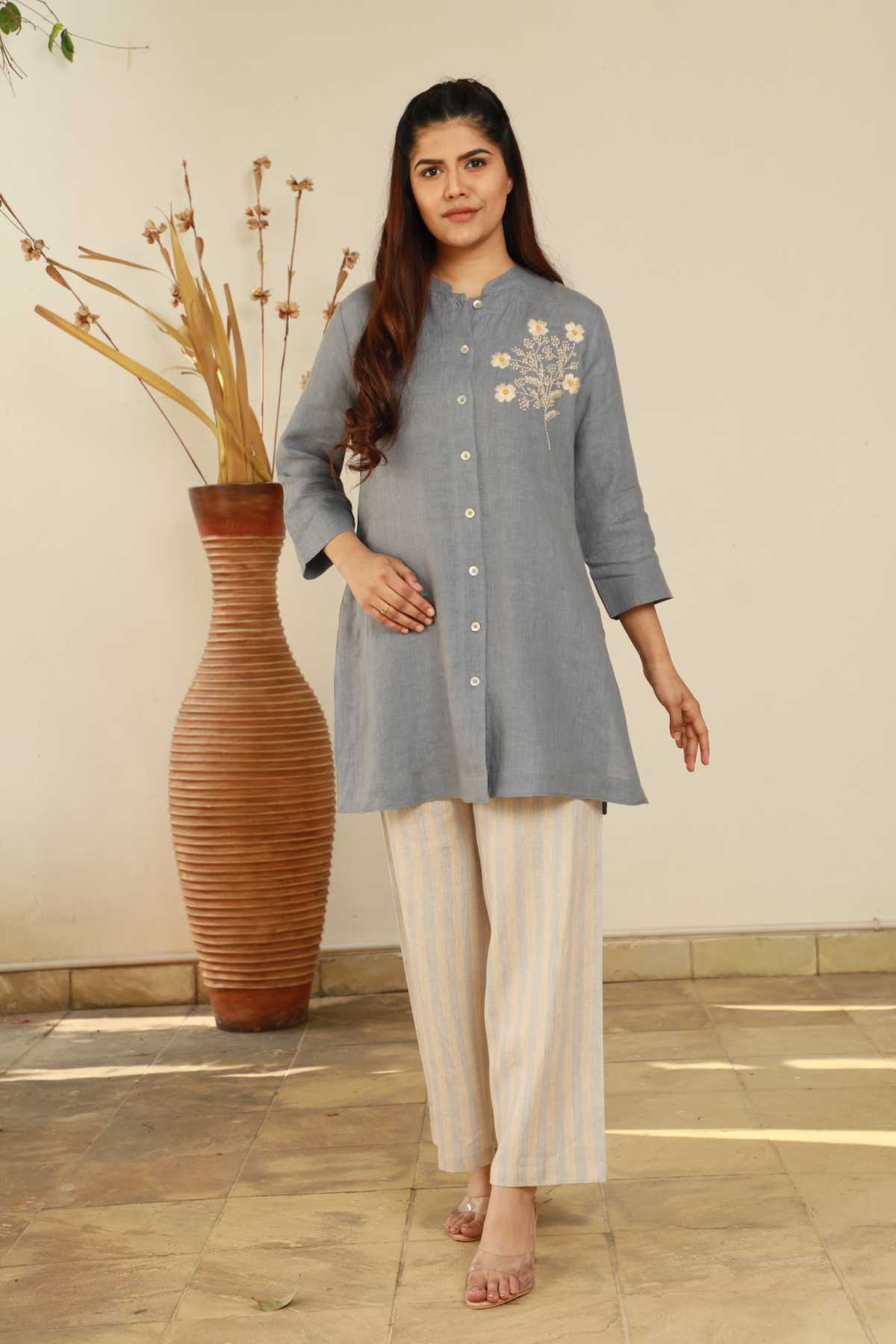 Beige Blue Striped Pants