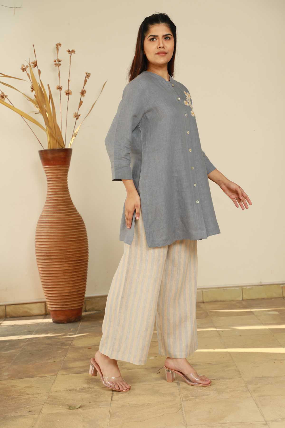 Beige Blue Striped Pants