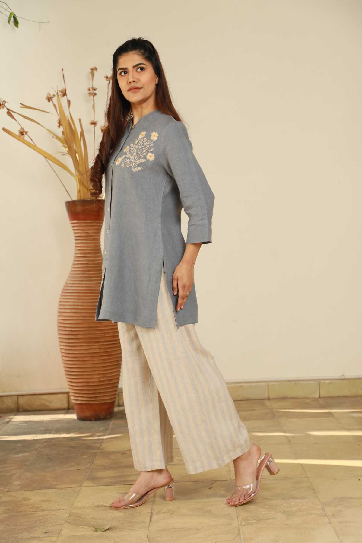 Beige Blue Striped Pants