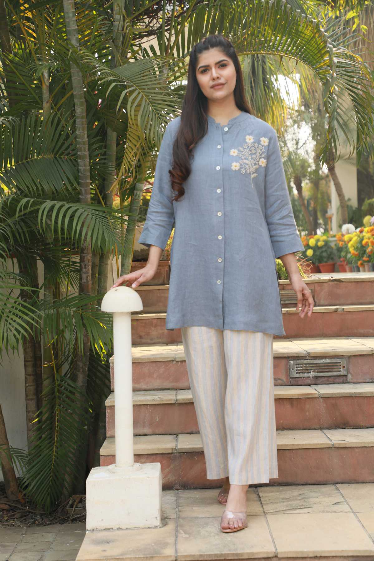 Beige Blue Striped Pants