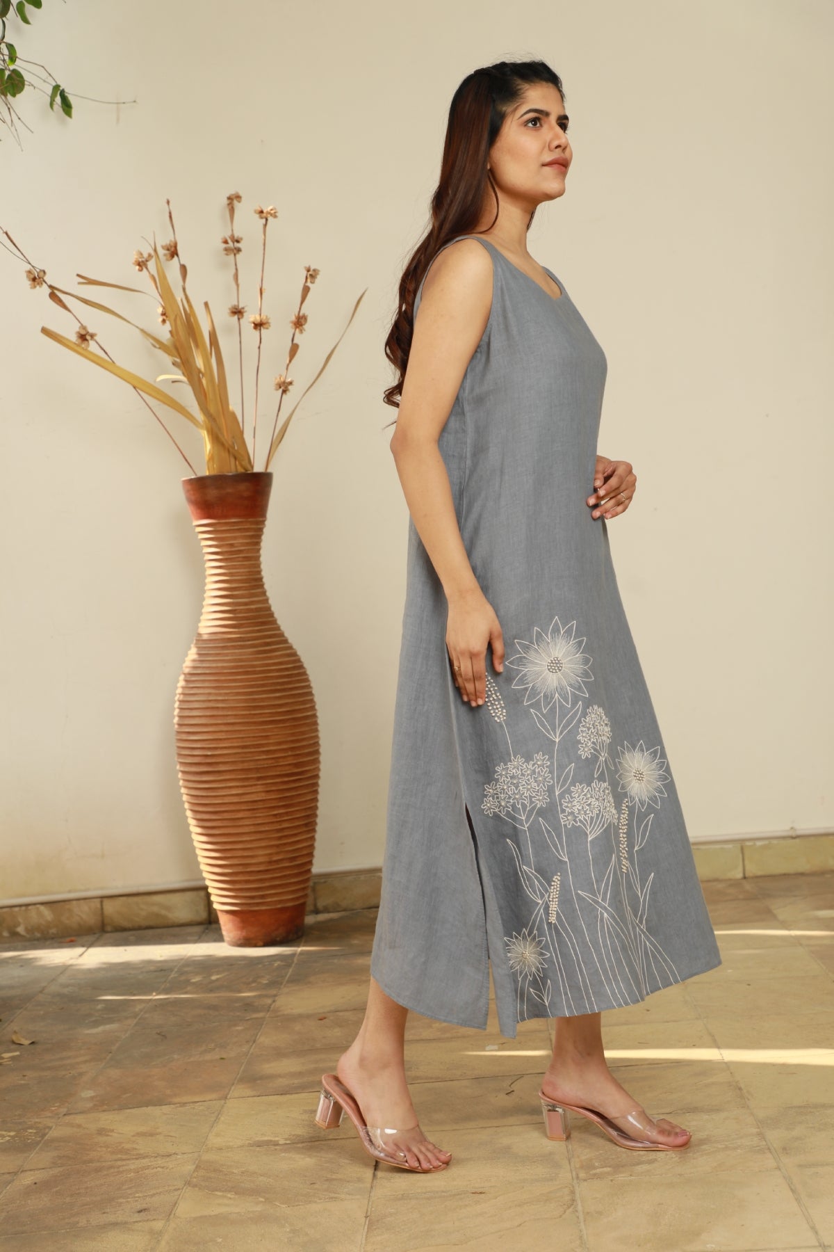 Blue Sleeveless Floral Dress